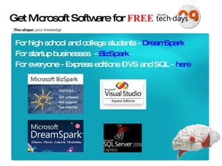 Get Microsoft Software for  FREE For high school and college students -  DreamSpark For startup businesses  -  BizSpark For everyone - Express editions – VS and SQL -  here 