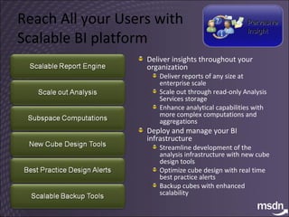 Reach All your Users with Scalable BI platform Deliver insights throughout your organization Deliver reports of any size at enterprise scale Scale out through read-only Analysis Services storage Enhance analytical capabilities with  more complex computations and aggregations Deploy and manage your BI infrastructure Streamline development of the analysis infrastructure with new cube design tools Optimize cube design with real time best practice alerts  Backup cubes with enhanced scalability Pervasive Insight 