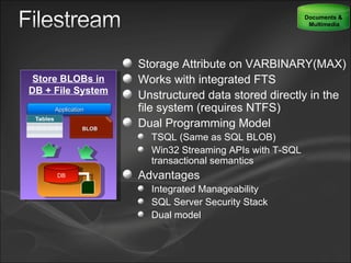 Storage Attribute on VARBINARY(MAX) Works with integrated FTS Unstructured data stored directly in the file system (requires NTFS) Dual Programming Model TSQL (Same as SQL BLOB) Win32 Streaming APIs with T-SQL transactional semantics Advantages Integrated Manageability SQL Server Security Stack Dual model Documents &  Multimedia Store BLOBs in DB + File System Application BLOB DB 