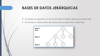 BASES DE DATOS JERÁRQUICAS
 Los datos se organizan en forma de árbol invertido (algunos lo dicen raíz)
 En donde un nodo padre de información puede tener varios hijos.
 