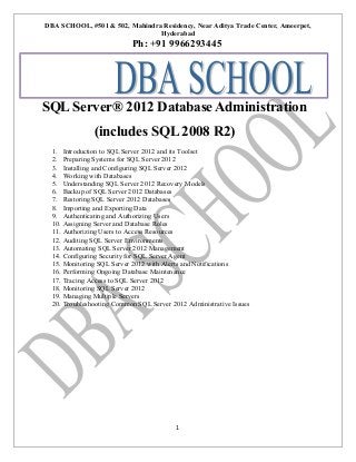 DBA SCHOOL, #501 & 502, Mahindra Residency, Near Aditya Trade Center, Ameerpet,
Hyderabad

Ph: +91 9966293445

SQL Server® 2012 Database Administration
(includes SQL 2008 R2)
1. Introduction to SQL Server 2012 and its Toolset
2. Preparing Systems for SQL Server 2012
3. Installing and Configuring SQL Server 2012
4. Working with Databases
5. Understanding SQL Server 2012 Recovery Models
6. Backup of SQL Server 2012 Databases
7. Restoring SQL Server 2012 Databases
8. Importing and Exporting Data
9. Authenticating and Authorizing Users
10. Assigning Server and Database Roles
11. Authorizing Users to Access Resources
12. Auditing SQL Server Environments
13. Automating SQL Server 2012 Management
14. Configuring Security for SQL Server Agent
15. Monitoring SQL Server 2012 with Alerts and Notifications
16. Performing Ongoing Database Maintenance
17. Tracing Access to SQL Server 2012
18. Monitoring SQL Server 2012
19. Managing Multiple Servers
20. Troubleshooting Common SQL Server 2012 Administrative Issues

1

 