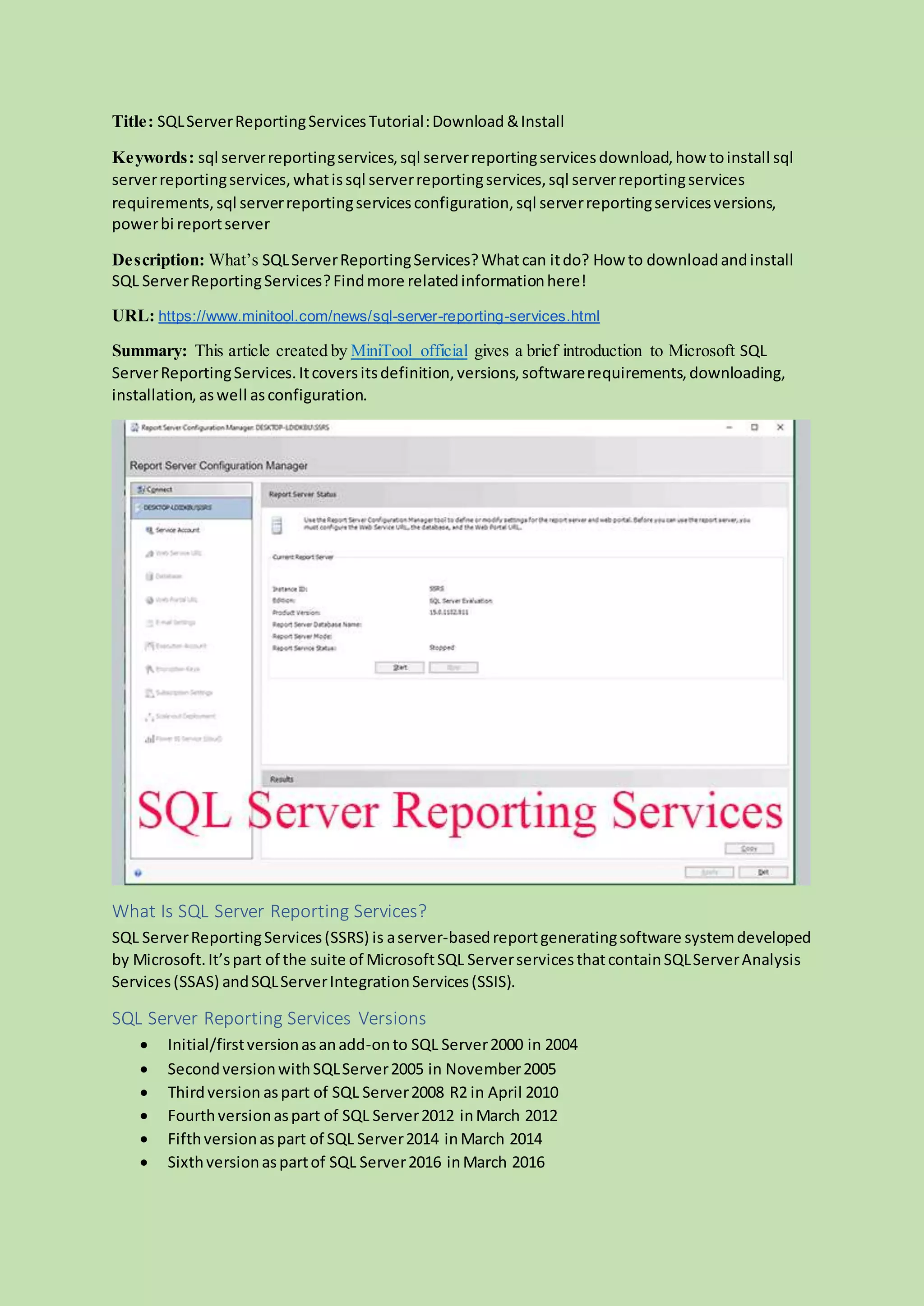 Sql server reporting services | PDF