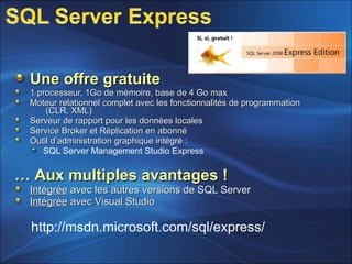 Une offre gratuiteUne offre gratuite
1 processeur, 1Go de mémoire, base de 4 Go max1 processeur, 1Go de mémoire, base de 4 Go max
Moteur relationnel complet avec les fonctionnalités de programmationMoteur relationnel complet avec les fonctionnalités de programmation
(CLR, XML)(CLR, XML)
Serveur de rapport pour les données localesServeur de rapport pour les données locales
Service Broker et Réplication en abonnéService Broker et Réplication en abonné
Outil d’administration graphique intégré :Outil d’administration graphique intégré :
SQL Server Management Studio Express
…… Aux multiples avantages !Aux multiples avantages !
IntégréeIntégrée avec les autres versions de SQL Serveravec les autres versions de SQL Server
IntégréeIntégrée avec Visual Studioavec Visual Studio
http://msdn.microsoft.com/sql/express/
 