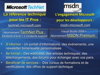 La référence techniqueLa référence technique
pour les IT Pros :pour les IT Pros :
technet.microsoft.comtechnet.microsoft.com
L’engagement MicrosoftL’engagement Microsoft
pour les développeurs :pour les développeurs :
msdn.microsoft.commsdn.microsoft.com
• S’informerS’informer - Un portail d’informations, des événements, une- Un portail d’informations, des événements, une
newsletter bimensuelle personnaliséenewsletter bimensuelle personnalisée
• Se former -Se former - Des webcasts, des articles techniques, desDes webcasts, des articles techniques, des
téléchargements, des forums pour échanger avec vos pairstéléchargements, des forums pour échanger avec vos pairs
• Bénéficier de services -Bénéficier de services - Des cursus de formations et deDes cursus de formations et de
certifications, des offres de support techniquecertifications, des offres de support technique
Visual Studio 2008 +Visual Studio 2008 +
AbonnementAbonnement MSDN PremiumMSDN Premium
AbonnementAbonnement TechNet Plus :TechNet Plus :
Versions d’éval + 2 incidents supportVersions d’éval + 2 incidents support
 