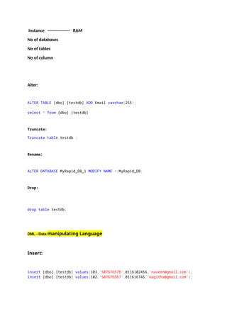 Instance ---------------- RAM
No of databases
No of tables
No of column
Alter:
ALTER TABLE [dbo].[testdb] ADD Email varchar(255);
select * from [dbo].[testdb]
Truncate:
Truncate table testdb ;
Rename:
ALTER DATABASE MyRapid_DB_1 MODIFY NAME = MyRapid_DB;
Drop:
drop table testdb;
DML - Data manipulating Language
Insert:
insert [dbo].[testdb] values(103,'S07676578',0116102456,'naveen@gmail.com');
insert [dbo].[testdb] values(102,'S07676567',011616745,'kagitha@gmail.com');
 