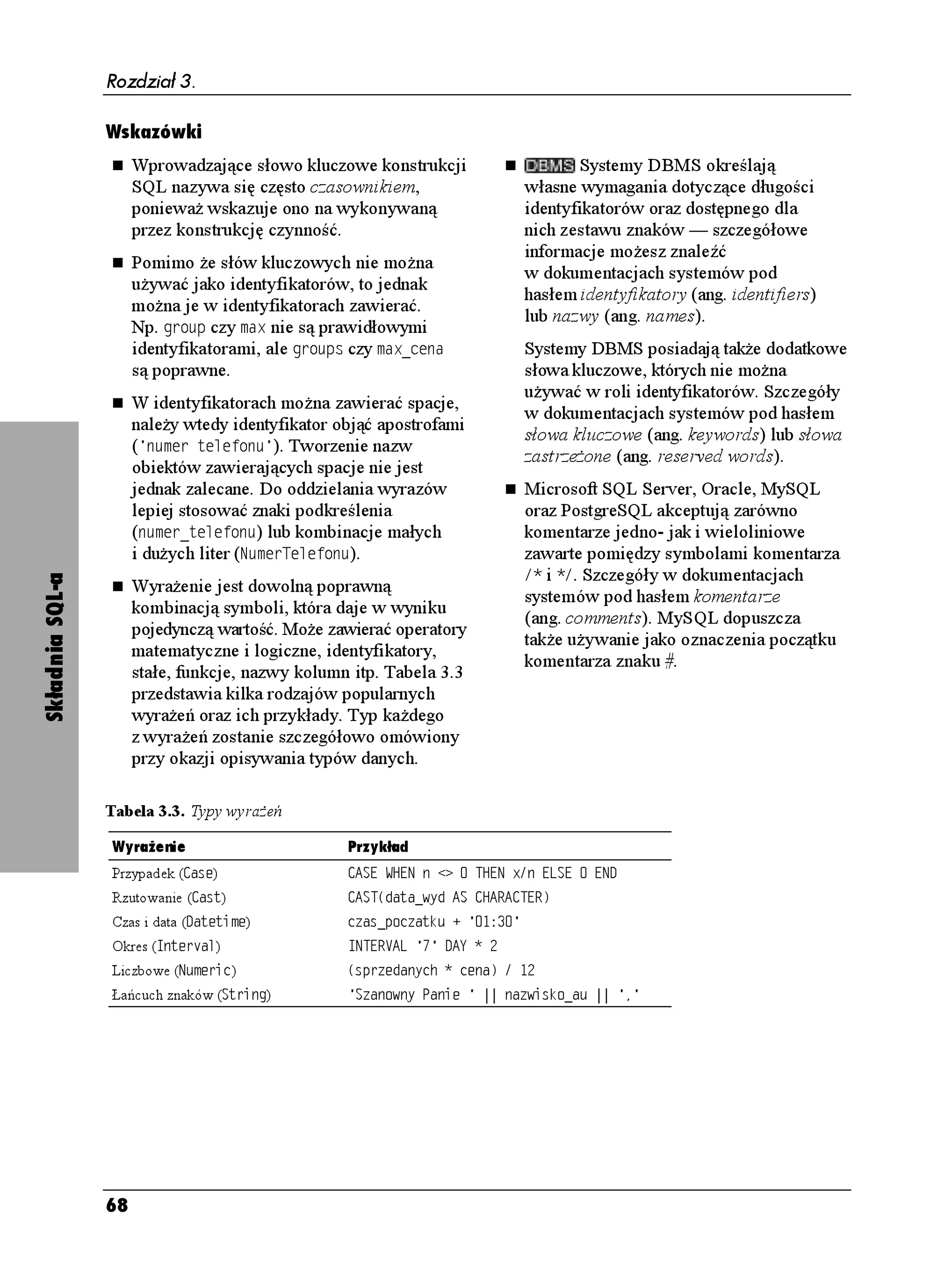 Rozdział 3.

                 Wskazówki
                      Wprowadzające słowo kluczowe konstrukcji                        Systemy DBMS określają
                      SQL nazywa się często czasownikiem,                     własne wymagania dotyczące długości
                      poniewa wskazuje ono na wykonywaną                      identyfikatorów oraz dostępnego dla
                      przez konstrukcję czynność.                             nich zestawu znaków — szczegółowe
                                                                              informacje mo esz znaleźć
                      Pomimo e słów kluczowych nie mo na
                                                                              w dokumentacjach systemów pod
                      u ywać jako identyfikatorów, to jednak
                                                                              hasłem identyfikatory (ang. identifiers)
                      mo na je w identyfikatorach zawierać.
                                                                              lub nazwy (ang. names).
                      Np. ITQWR czy OCZ nie są prawidłowymi
                      identyfikatorami, ale ITQWRU czy OCZAEGPC               Systemy DBMS posiadają tak e dodatkowe
                      są poprawne.                                            słowa kluczowe, których nie mo na
                                                                              u ywać w roli identyfikatorów. Szczegóły
                      W identyfikatorach mo na zawierać spacje,
                                                                              w dokumentacjach systemów pod hasłem
                      nale y wtedy identyfikator objąć apostrofami
                                                                              słowa kluczowe (ang. keywords) lub słowa
                      ( PWOGT VGNGHQPW ). Tworzenie nazw
                                                                              zastrze one (ang. reserved words).
                      obiektów zawierających spacje nie jest
                      jednak zalecane. Do oddzielania wyrazów                 Microsoft SQL Server, Oracle, MySQL
                      lepiej stosować znaki podkreślenia                      oraz PostgreSQL akceptują zarówno
                      (PWOGTAVGNGHQPW) lub kombinacje małych                  komentarze jedno- jak i wieloliniowe
                      i du ych liter (0WOGT6GNGHQPW).                         zawarte pomiędzy symbolami komentarza
                                                                               
