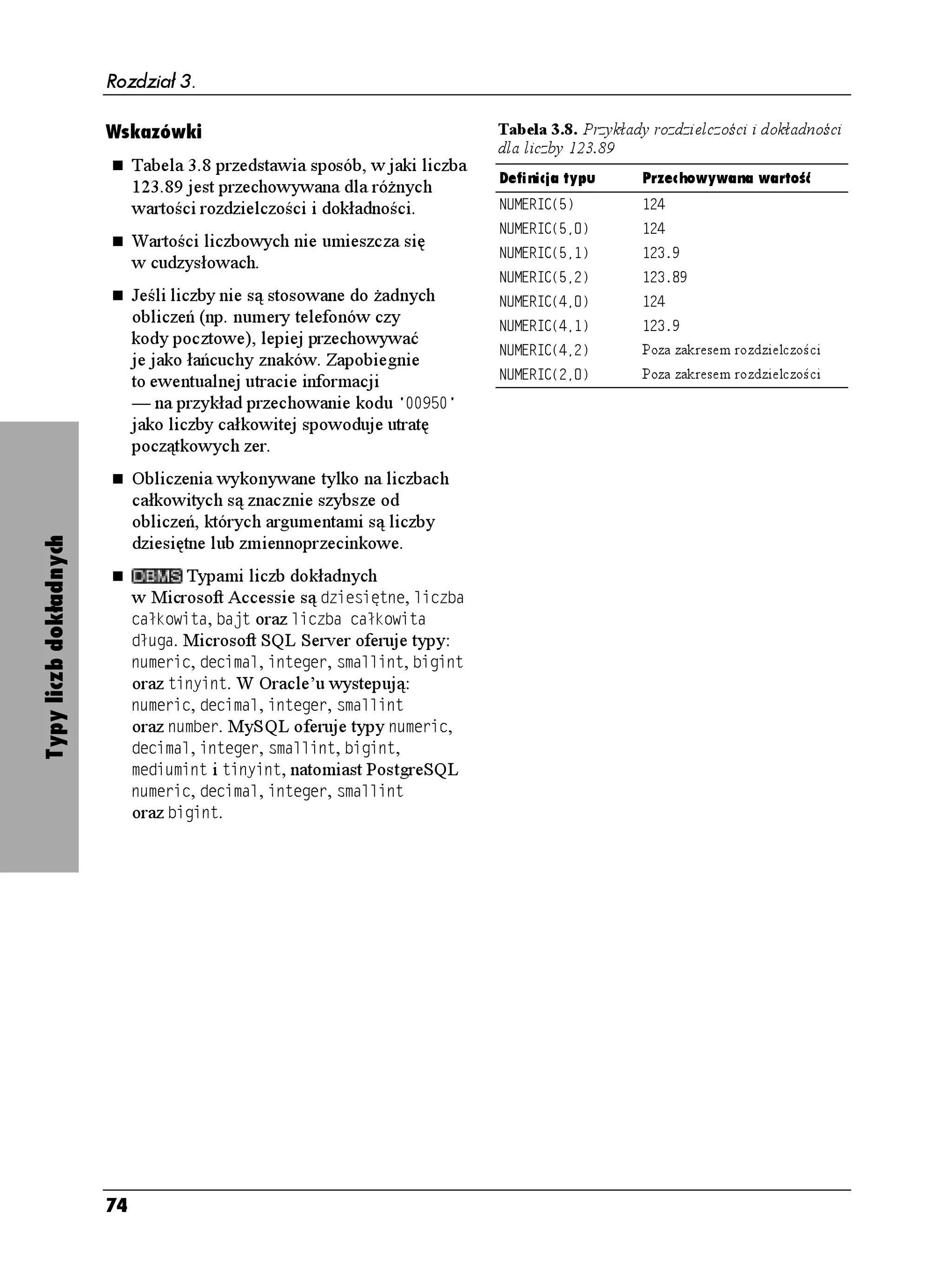 Rozdział 3.


                        Typy łańcuchów znaków
                        Łańcuchy znaków u ywane są do
                        reprezentowania tekstu. Łańcuch znaków — lub
                        po prostu łańcuch — posiada następujące cechy:
                        u Jest uporządkowanym ciągiem
                             zawierającym (lub nie) pewną ilość znaków.
                        u Jego długość mo e być stała lub zmienna.
                        u Rozró nia wielkość liter (w czasie sortowania
                          litera # umieszczana jest przed C ).
                        u W konstrukcjach SQL wzorce łańcuchowe
                             objęte są apostrofami.
                        u Jest jednym z typów przedstawionych
                             w tabeli 3.5.

                        Tabela 3.5. Typy łańcuchów znaków
Typy łańcuchów znaków




                        Typ                    Opis
                        %*#4#%6'4              Reprezentuje stałą liczbę znaków. Łańcuch przechowywany w kolumnie zdefiniowanej
                        (znakowy)              jako %*#4#%6'4
FNWIQUE mo e zawierać maksymalnie FNWIQUE znaków, gdzie FNWIQUE
                                               jest liczbą całkowitą większą lub równą 1. Maksymalna długość zale y od systemu DBMS.
                                               Jeśli w kolumnie typu %*#4#%6'4
FNWIQUE umieszczony jest łańcuch o długości mniejszej
                                               od FNWIQUE, system DBMS wypełni brakujące miejsca spacjami tak, eby powstał łańcuch
                                               o długości równej dokładnie FNWIQUE. Np. łańcuch ,CEGM w kolumnie typu %*#4#%6'4

                                               przechowywany jest jako ,CEGM        . Typy %*#4#%6'4 oraz %*#4 są równowa ne.
                        %*#4#%6'4 8#4;+0)      Reprezentuje zmienną liczbę znaków. Łańcuch przechowywany w kolumnie zdefiniowanej
                        (znakowy o zmiennej    jako %*#4#%6'4 8#4;+0)
FNWIQUE mo e zawierać maksymalnie FNWIQUE znaków, gdzie
                        długości)              FNWIQUE jest liczbą całkowitą większą lub równą 1. Maksymalna długość zale y od systemu
                                               DBMS. W przeciwieństwie do typu %*#4#%6'4, jeśli umieścimy w kolumn ie zdefiniowanej
                                               jako %*#4#%6'4 8#4;+0)
FNWIQUE łańcuch o długości mniejszej ni FNWIQUE, system DBMS
                                               przechowa go w pierwotnej postaci nie wypełniając brakujących miejsc spacjami. Np. łańcuch
                                                 ,CEGM w kolumnie typu %*#4#%6'4 8#4;+0)
 przechowywany jest jako ,CEGM . Typy
                                               %*#4#%6'4 8#4;+0), %*#4 8#4;+0) oraz 8#4%*#4 są równowa ne.
                        0#6+10#.               Ten typ danych odpowiada typowi %*#4#%6'4, z tym e jest on w stanie przechowywać
                        %*#4#%6'4              ustandaryzowane znaki wielobajtowe czy unikodowe (patrz ramka). W konstrukcjach SQL
                        (znakowy narodowy)     łańcuchy typu 0#6+10#. %*#4#%6'4 zapisuje się tak samo jak łańcuchy typu %*#4#%6'4,
                                               umieszczając jedynie przed pierwszym apostrofem literę 0, np. 0 ¼ . Typy 0#6+10#.
                                               %*#4#%6'4, 0#6+10#. %*#4 oraz 0%*#4 są równowa ne.
                        0#6+10#.               Ten typ danych odpowiada typowi %*#4#%6'4 8#4;+0) z tym, e mo e on przechowywać
                        %*#4#%6'4 8#4;+0)      ustandaryzowane znaki wielobajtowe czy unikodowe (patrz typ 0#6+10#. %*#4#%6'4).
                        (znakowy narodowy      Typy 0#6+10#. %*#4#%6'4 8#4;+0), 0#6+10#. %*#4 8#4;+0) oraz 0%*#4 8#4;+0) są
                        o zmiennej długości)   równowa ne.




                        70
 