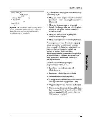 Podstawy SQL-a

 UGNGEV KOKGACW                                    SQL nie definiuje precyzyjnie formy konstrukcji.
             0#9+5-1A#7                          Konstrukcje SQL:
                 (41/
   CWVQT[ 9J'T'          YQL                      u Mogą być pisane małymi lub du ymi literami
  / QTFGT                                          (np. 5'.'%6 i UGNGEV oznaczają to samo słowo
                    D;                                kluczowe).
 PCYKUM1A#7
                                                  u Mogą być kontynuowane w kolejnych
Rysunek 3.2. Nie istnieją reguły, według których      liniach. Niedopuszczalne jest tylko dzielenie
trzeba formatować konstrukcję SQL. Powy sza           słów oraz łańcuchów znaków zawartych
konstrukcja jest analogiczna do konstrukcji           w cudzysłowach.
przedstawionej na rysunku 3.1
                                                   u Mogą być umieszczone w jednej linii
                                                      z innymi konstrukcjami.
                                                   u Mogą rozpoczynać się w dowolnej kolumnie.
                                                   Pomimo przedstawionej dowolności najlepiej
                                                   jednak trzymać się konsekwentnie jednego
                                                   stylu (rysunek 3.2). Ja zazwyczaj piszę słowa
                                                   kluczowe du ymi literami, a ka dą frazę
                                                   wpisuję w osobnej linii — szczegóły
                                                   wykorzystywanego przeze mnie stylu opisałem
                                                   w podrozdziałach „Konwencje typograficzne”




                                                                                                      Składnia SQL-a
                                                   oraz „Konwencje składniowe” zawartych
                                                   we Wprowadzeniu.
                                                   Częstymi błędami towarzyszącymi
                                                   programowaniu w SQL-u są:
                                                   u Pomyłka w słowie kluczowym lub
                                                      identyfikatorze.
                                                   u Pominięcie zakańczającego średnika.
                                                   u Zmiana kolejności wpisanych fraz.
                                                   u Nieobjęcie cudzysłowami łańcuchów znaków
                                                      oraz wyra eń oznaczających czas i datę.
                                                   u Objęcie cudzysłowami wzorców liczbowych.
                                                   u Niepoprawne skojarzenie kolumn z tabelami
                                                     (np. wpisanie 5'.'%6 RTQEGPVAVCPVKGO (41/
                                                     CWVQT[ zamiast 5'.'%6 RTQEGPVAVCPVKGO
                                                     (41/ CWVQT[AV[VWNQY).




                                                                                                67
 
