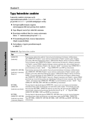 . Szczegóły w dokumentacjach
Składnia SQL-a




                      Wyra enie jest dowolną poprawną
                                                                              systemów pod hasłem komentarze
                      kombinacją symboli, która daje w wyniku
                                                                              (ang. comments). MySQL dopuszcza
                      pojedynczą wartość. Mo e zawierać operatory
                                                                              tak e u ywanie jako oznaczenia początku
                      matematyczne i logiczne, identyfikatory,
                                                                              komentarza znaku .
                      stałe, funkcje, nazwy kolumn itp. Tabela 3.3
                      przedstawia kilka rodzajów popularnych
                      wyra eń oraz ich przykłady. Typ ka dego
                      z wyra eń zostanie szczegółowo omówiony
                      przy okazji opisywania typów danych.

                 Tabela 3.3. Typy wyra eń

                 Wyrażenie                        Przykład
                 Przypadek (%CUG)                 %#5' 9*'0 P       6*'0 ZP '.5'  '0
                 Rzutowanie (%CUV)                %#56
FCVCAY[F #5 %*#4#%6'4
                 Czas i data (CVGVKOG)           ECUARQECVMW 
     
                 Okres (+PVGTXCN)                 +06'48#.       #;  