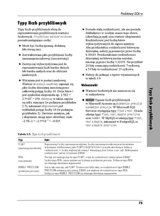 Podstawy SQL-a

                                        Wskazówki
                                          Je eli chcesz w łańcuchu wpisać znak
                                          apostrofu, musisz wpisać go dwukrotnie.
              Unikod                      Np. łańcuchem odpowiadającym
                                          angielskiemu słowu it's jest KV U . Znak
Komputery przechowują znaki (litery,
cyfry, znaki interpunkcyjne, znaki        cudzysłowu ( ) jest oddzielnym znakiem
kontrolne oraz inne symbole) w swojej     i nie wymaga specjalnego traktowania.
pamięci, przypisując im wartości          Długością łańcucha jest liczba całkowita
liczbowe. Sposób zamiany znaków
                                          większa lub równa 0 i mniejsza lub równa
na liczby określa kodowanie. Ró ne
                                          NGPIVJ. Łańcuch niezawierający adnych
języki i ró ne systemy operacyjne
stosują wiele specyficznych sposobów      znaków — (dwa apostrofy bez spacji
kodowania. Standardowe łańcuchy           między nimi) — nazywany jest łańcuchem
w języku angielskim wykorzystują          pustym lub łańcuchem o zerowej długości.
kodowanie ASCII, które umo liwia          Łańcuch pusty traktowany jest jako 8#4%*#4
przypisanie liczbom 256 (28) znaków.      o długości 0.
Jest to niewiele — za mało, eby
przechować wszystkie litery u ywane       Systemy DBMS szybciej ni łańcuchy
w nowo ytnych językach europejskich       o zmiennej długości sortują i przetwarzają




                                                                                            Typy łańcuchów znaków
i stanowczo za mało, eby przechować       łańcuchy o stałej długości.
chińskie ideogramy.
                                                  W Microsoft Accessie łańcuchowymi
Unikod jest zestawem pojedynczych
znaków reprezentującym znaki prawie       typami danych są VGMUV oraz PQVC.
wszystkich języków pisanych               W Microsoft SQL Serverze są nimi EJCT,
występujących na świecie. Jest on         XCTEJCT, VGZV, PEJCT, PXCTEJCT oraz PVGZV.
w stanie zakodować 65536 (216)            Oracle oferuje typy: EJCT, XCTEJCT,
znaków. Standard unikodu ogłosiła         XCTEJCT, PEJCT, PXCTEJCT oraz PXCTEJCT.
i zarządza nim instytucja o nazwie        W MySQL-u są to: EJCT, XCTEJCT, PEJCT,
Unicode Consortium. Aktualna              PXCTEJCT, VGZV, VKP[VGZV, OGFKWOVGZV
specyfikacja unikodu jest zawsze          i NQPIVGZV, a w PostgreSQL-u EJCT, XCTEJCT
dostępna w najnowszym wydaniu             i VGZV.
(internetowym lub drukowanym)
standardu (The Unicode Standard)          Oracle puste łańcuchy traktuje jako wartości
pod adresem www.unicode.org.              null — patrz podrozdział „Wartości null”.




                                                                                       71
 