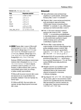 Podstawy SQL-a


                                                           Typy liczb dokładnych
                                                           Typy liczb dokładnych reprezentują dokładne
                                                           wartości liczbowe. Dokładna wartość liczbowa
                                                           posiada następujące cechy:
                                                            u Mo e być ujemna, dodatnia lub równa zero.
                                                            u Jest liczbą całkowitą lub dziesiętną.
                                                               Liczby całkowite nie zawierają
                                                               przecinka dziesiętnego (kropki w zapisie
                                                               komputerowym), np. –39, 0, 62262. Liczby
                                                               dziesiętne zawierają tak e cyfry po prawej
                                                               stronie przecinka np. –22.06, 0.0, 0.0003,
                                                               12.34.
                                                            u Posiada stałą rozdzielczość i dokładność.
                                                               Rozdzielczością określa się liczbę cyfr
                                                               znaczących wykorzystywanych do
                                                               przedstawiania liczby — liczba ta obejmuje
                                                               zarówno cyfry z prawej, jak i z lewej strony




                                                                                                                      Typy liczb dokładnych
                                                               przecinka dziesiętnego. Dokładność jest
                                                               to liczba cyfr po przecinku dziesiętnym.
                                                               Dokładność oczywiście nie mo e przekroczyć
                                                               rozdzielczości. Ustalenie dokładności
                                                               na poziomie zero powoduje przedstawienie
                                                               liczby w postaci całkowitej. We wskazówkach
                                                               zawarto kilka przykładów.
                                                            u Nale y do jednego z typów przedstawionych
                                                               w tabeli 3.7.
Tabela 3.7. Typy liczb dokładnych
Typ                  Opis
07/'4+%              Reprezentuje liczbę dziesiętną. Liczby dziesiętne są przechowywane w kolumnach zdefiniowanych
(liczbowa)           jako 07/'4+%
TQFKGNEQUE= FQMNCFPQUE?. TQFKGNEQUE jest liczbą większą lub równą 1
                     — maksymalna wielkość zale y od systemu DBMS. FQMNCFPQUE jest liczbą z przedziału od 0 do
                     TQFKGNEQUE. Jeśli FQMNCFPQUE nie jest jawnie określona, domyślnie przyjmowana jest jako 0
                     (co powoduje, e w rzeczywistości typ staje się całkowity).
'%+/#.              Ten typ danych jest analogiczny do typu 07/'4+%, niektóre systemy DBMS traktują je
(dziesiętna)         równowa nie. Ró nica jest taka, e system DBMS mo e określić TQFKGNEQUE liczby
                     jako większą ni ustalono to w definicji '%+/#.
TQFKGNEQUE= FQMNCFPQUE?
                     — TQFKGNEQUE jest min imalnym, a nie rzeczywistym rozmiarem przedstawianej liczby,
                     tak jak było to w przypadku typu 07/'4+%. Słowa '% i '%+/#. są synonimami.
+06')'4              Reprezentuje liczbę całkowitą. Minimalna i maksymalna wartość liczby, jaka mo e być
(całkowita)          przechowywana w kolumnie zdefiniowanej jako +06')'4, zale y od systemu DBMS. Defin icja
                     typu +06')'4 nie wymaga określania argumentów. Słowa +06')'4 oraz +06 są synonimami.
5/#..+06             Ten typ jest takim samym typem jak +06')'4, posiada tylko wę szy zakres dopuszczalnych
(całkowita krótka)   wartości — zale ny od systemu DBMS. Definicja tego typu nie wymaga określania argumentów.




                                                                                                                 73
 