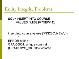 Entity Integrity Problems
SQL> INSERT INTO COURSE
VALUES ('MIS220','NEW',4);
insert into course values ('MIS220','NEW',4)
*
ERROR at line 1:
ORA-00001: unique constraint
(ORA40.SYS_C00335) violated
 