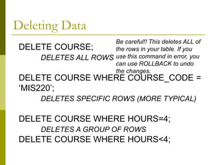 DELETE COURSE;
DELETES ALL ROWS
DELETE COURSE WHERE COURSE_CODE =
‘MIS220’;
DELETES SPECIFIC ROWS (MORE TYPICAL)
DELETE COURSE WHERE HOURS=4;
DELETES A GROUP OF ROWS
DELETE COURSE WHERE HOURS<4;
Be careful!! This deletes ALL of
the rows in your table. If you
use this command in error, you
can use ROLLBACK to undo
the changes.
Deleting Data
 