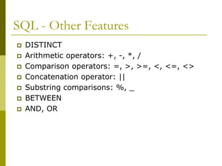 SQL - Other Features
 DISTINCT
 Arithmetic operators: +, -, *, /
 Comparison operators: =, >, >=, <, <=, <>
 Concatenation operator: ||
 Substring comparisons: %, _
 BETWEEN
 AND, OR
 