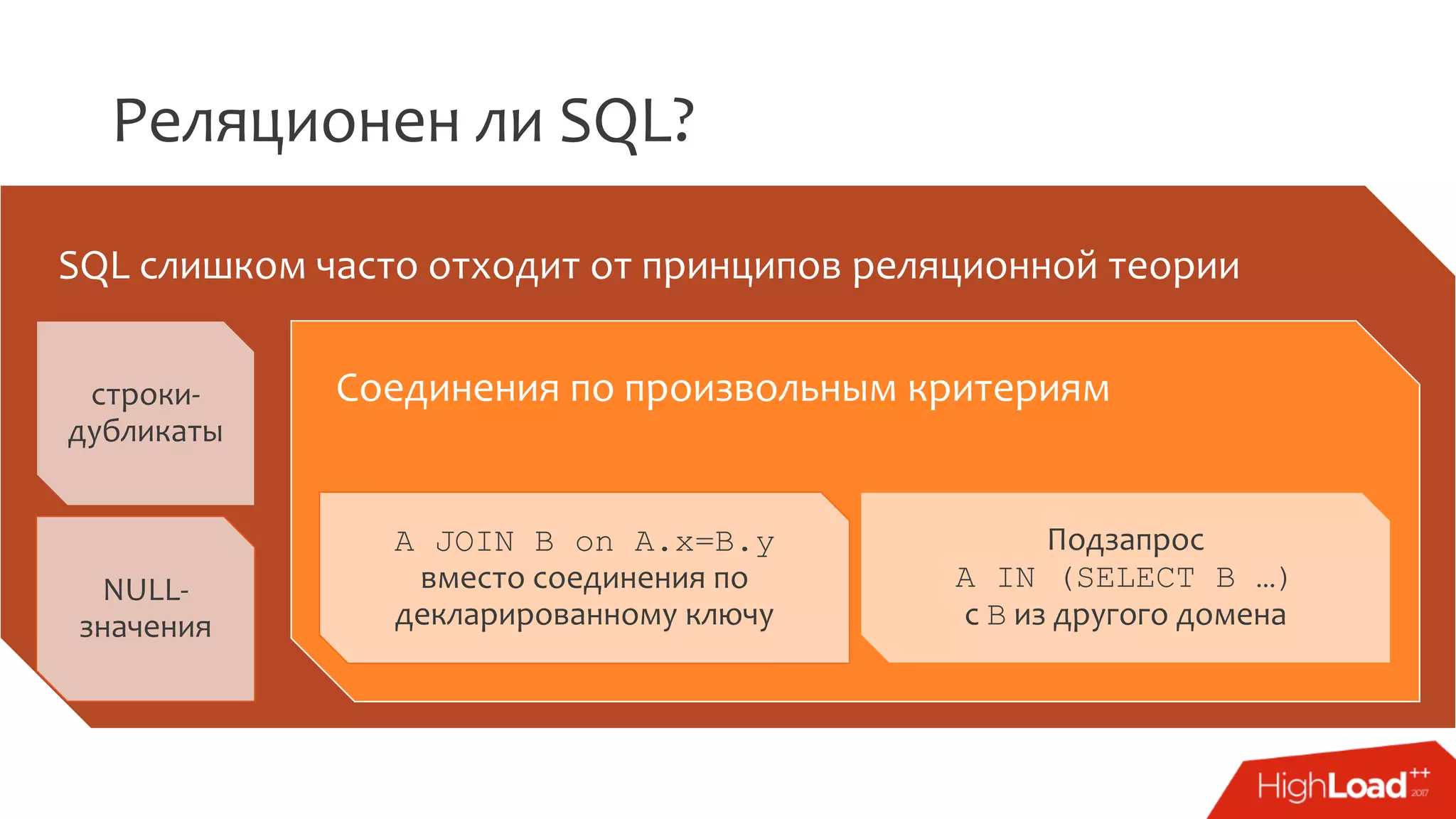 Реляционен ли SQL?
SQL слишком часто отходит от принципов реляционной теории
строки-
дубликаты
NULL-
значения
Соединения по произвольным критериям
A JOIN B on A.x=B.y
вместо соединения по
декларированному ключу
Подзапрос
A IN (SELECT B …)
с B из другого домена
 