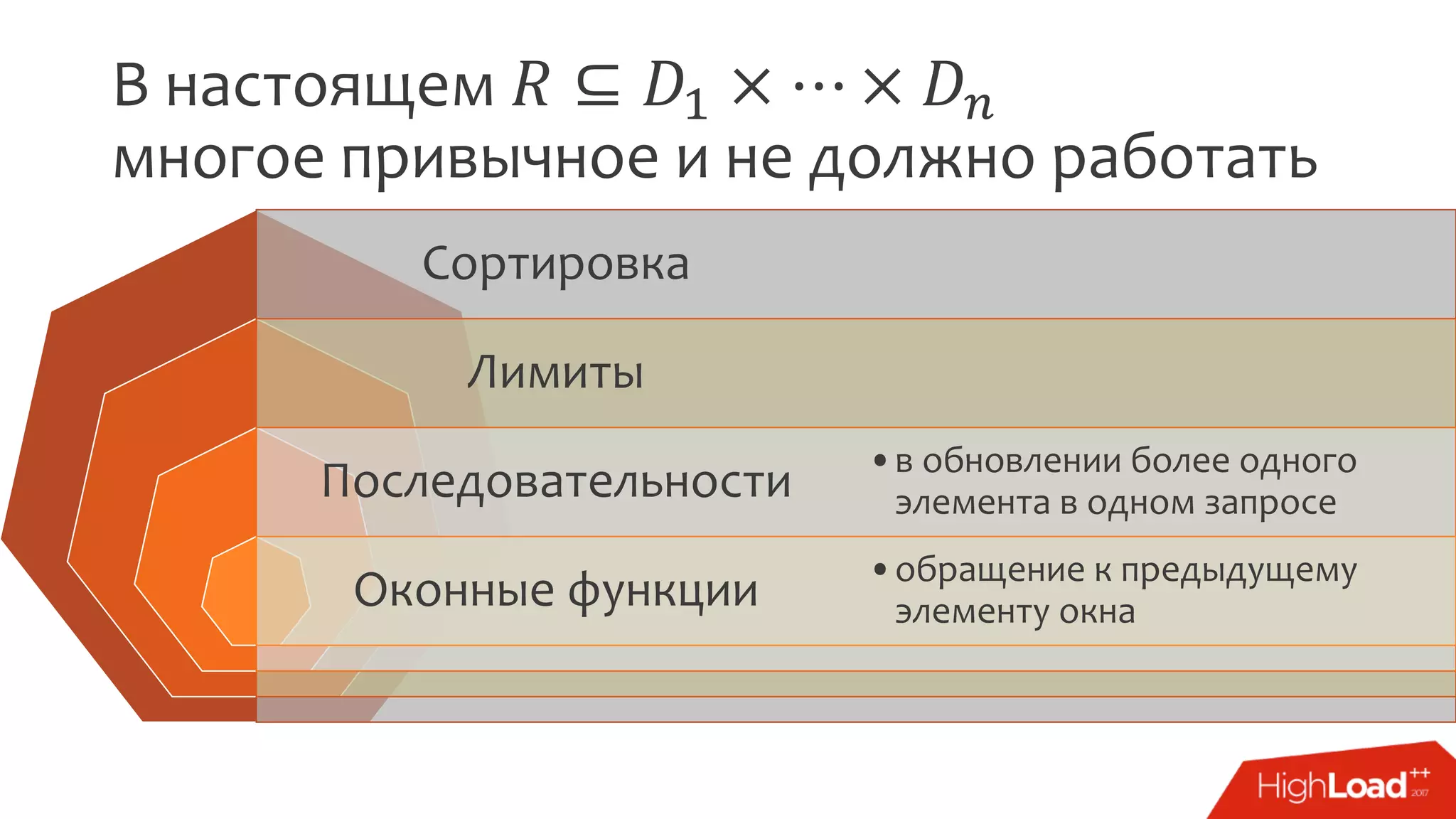 В настоящем 𝑅 ⊆ 𝐷1 × ⋯ × 𝐷 𝑛
многое привычное и не должно работать
Сортировка
Лимиты
Последовательности
Оконные функции
•в обновлении более одного
элемента в одном запросе
•обращение к предыдущему
элементу окна
 