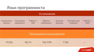 Язык программиста
Процедурные расширения
PL/SQL SQL PL SQL-PSM T-SQL …
Усложнения
Рекурсивные
запросы
Регулярные
выражения
Работа с
XML
Работа с
геоданными
Оконные
функции
Темпоральные
операции
Работа с
JSON
 
