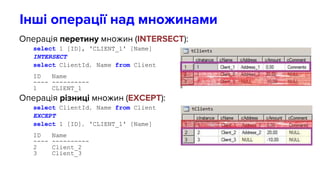 Інші операції над множинами
Операція перетину множин (INTERSECT):
select 1 [ID], 'CLIENT_1' [Name]
INTERSECT
select ClientId, Name from Client
ID Name
---- ----------
1 CLIENT_1
Операція різниці множин (EXCEPT):
select ClientId, Name from Client
EXCEPT
select 1 [ID], 'CLIENT_1' [Name]
ID Name
---- ----------
2 Client_2
3 Client_3
 