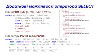Додаткові можливості оператора SELECT
Опція FOR XML (AUTO, PATH, RAW):
select c.ClientId, c.Name, c.Address,
d.DocumentId, d.Number, d.Date
from Client c, Document d
where c.ClientId = d.ClientId
for xml auto,
elements,
root('Clients')
Оператори PIVOT та UNPIVOT:
select [1] M1, [2] M2, [3] M3, [4] M4, [5] M5, [6] M6
from (select month(Date) nm, Amount from Document) d
pivot (sum(Amount) for d.nm in ([1],[2],[3],[4],[5],[6])) dd
M1 M2 M3 M4 M5 M6
------- ------- ------- ------- ------- -------
55.00 90.00 NULL NULL NULL NULL
 
