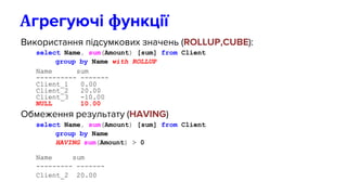 Використання підсумкових значень (ROLLUP,CUBE):
select Name, sum(Amount) [sum] from Client
group by Name with ROLLUP
Name sum
---------- -------
Client_1 0.00
Client_2 20.00
Client_3 -10.00
NULL 10.00
Обмеження результату (HAVING)
select Name, sum(Amount) [sum] from Client
group by Name
HAVING sum(Amount) > 0
Name sum
--------- -------
Client_2 20.00
Агрегуючі функції
 