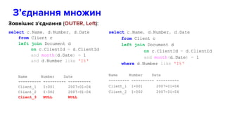 Зовнішнє з'єднання (OUTER, Left):
select c.Name, d.Number, d.Date
from Client c
left join Document d
on c.ClientId = d.ClientId
and month(d.Date) = 1
and d.Number like 'I%‘
Name Number Date
---------- ---------- ----------
Client_1 I-001 2007-01-04
Client_2 I-002 2007-01-04
Client_3 NULL NULL
select c.Name, d.Number, d.Date
from Client c
left join Document d
on c.ClientId = d.ClientId
and month(d.Date) = 1
where d.Number like 'I%‘
Name Number Date
--------- ---------- ----------
Client_1 I-001 2007-01-04
Client_2 I-002 2007-01-04
З’єднання множин
 