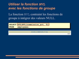 SELECT AVG(NVL(commission_pct, 0))
FROM employees;
Utiliser la fonction NVL
avec les fonctions de groupe
La fonction NVL contraint les fonctions de
groupe à intégrer des valeurs NULL.
 