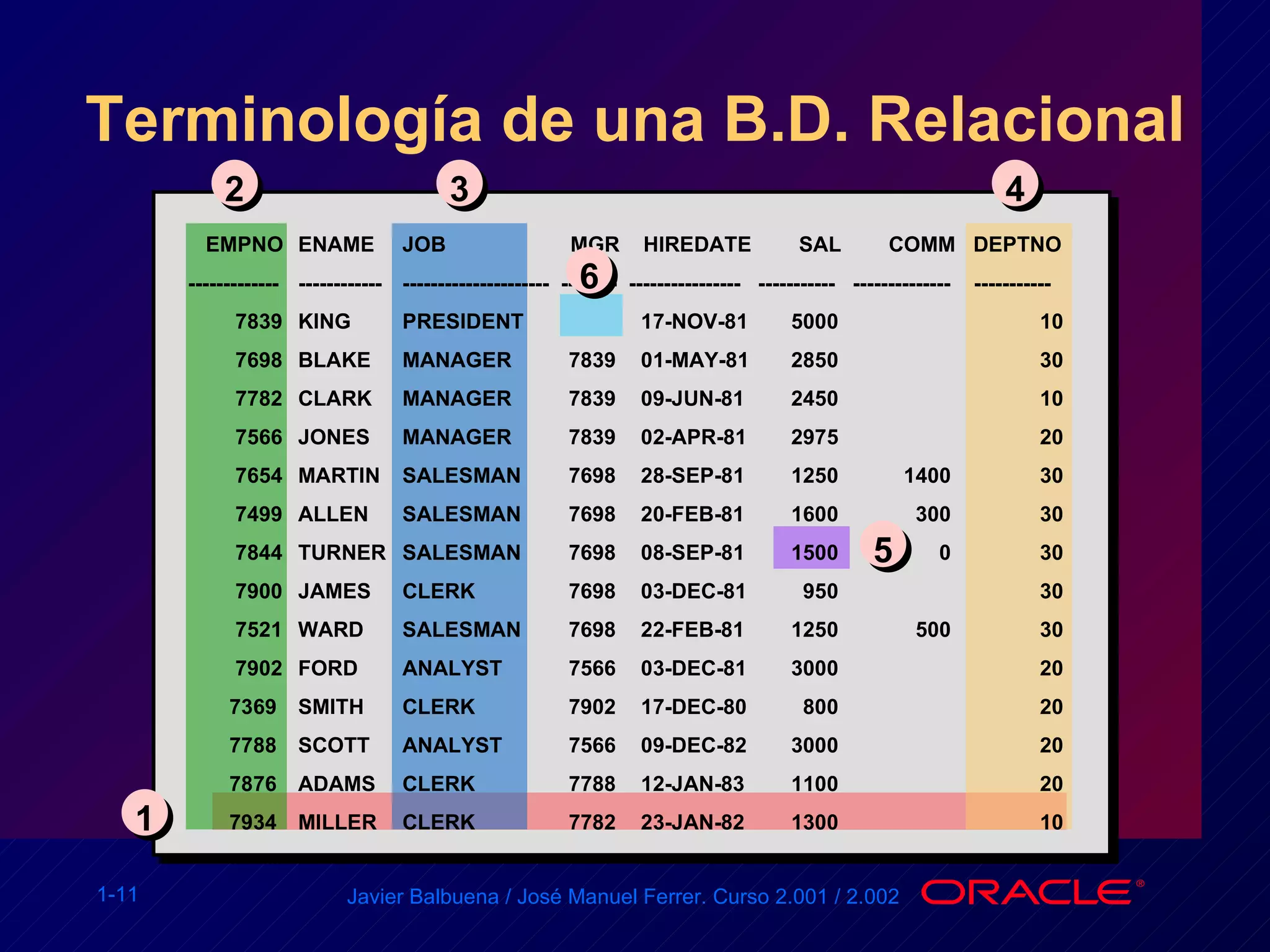 Terminología de una B.D. Relacional EMPNO  ENAME  JOB  MGR  HIREDATE  SAL  COMM  DEPTNO -------------  ------------ ---------------------  --------  ----------------  -----------  --------------  ----------- 7839  KING  PRESIDENT  17-NOV-81 5000  10 7698  BLAKE MANAGER  7839  01-MAY-81  2850  30 7782  CLARK  MANAGER 7839  09-JUN-81  2450  10 7566  JONES  MANAGER 7839  02-APR-81  2975  20 7654  MARTIN SALESMAN  7698  28-SEP-81  1250  1400  30 7499  ALLEN  SALESMAN  7698  20-FEB-81  1600  300  30 7844  TURNER  SALESMAN  7698  08-SEP-81  1500  0  30 7900  JAMES  CLERK  7698  03-DEC-81    950  30 7521  WARD SALESMAN  7698  22-FEB-81  1250  500  30 7902  FORD ANALYST  7566  03-DEC-81  3000  20 7369  SMITH  CLERK  7902  17-DEC-80    800  20 7788  SCOTT ANALYST  7566  09-DEC-82  3000  20 7876  ADAMS  CLERK  7788  12-JAN-83  1100  20 7934  MILLER  CLERK  7782  23-JAN-82  1300  10 1 2 3 4 5 6 