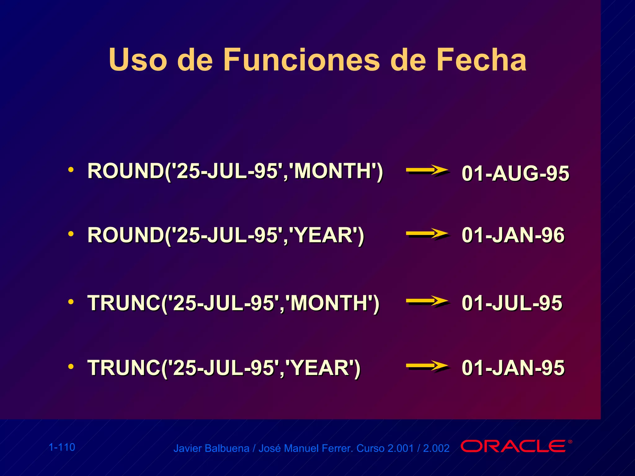 Uso de Funciones de Fecha ROUND('25-JUL-95','MONTH') ROUND('25-JUL-95','YEAR') TRUNC('25-JUL-95','MONTH')  TRUNC('25-JUL-95','YEAR') 01-AUG-95 01-JAN-96 01-JUL-95 01-JAN-95 