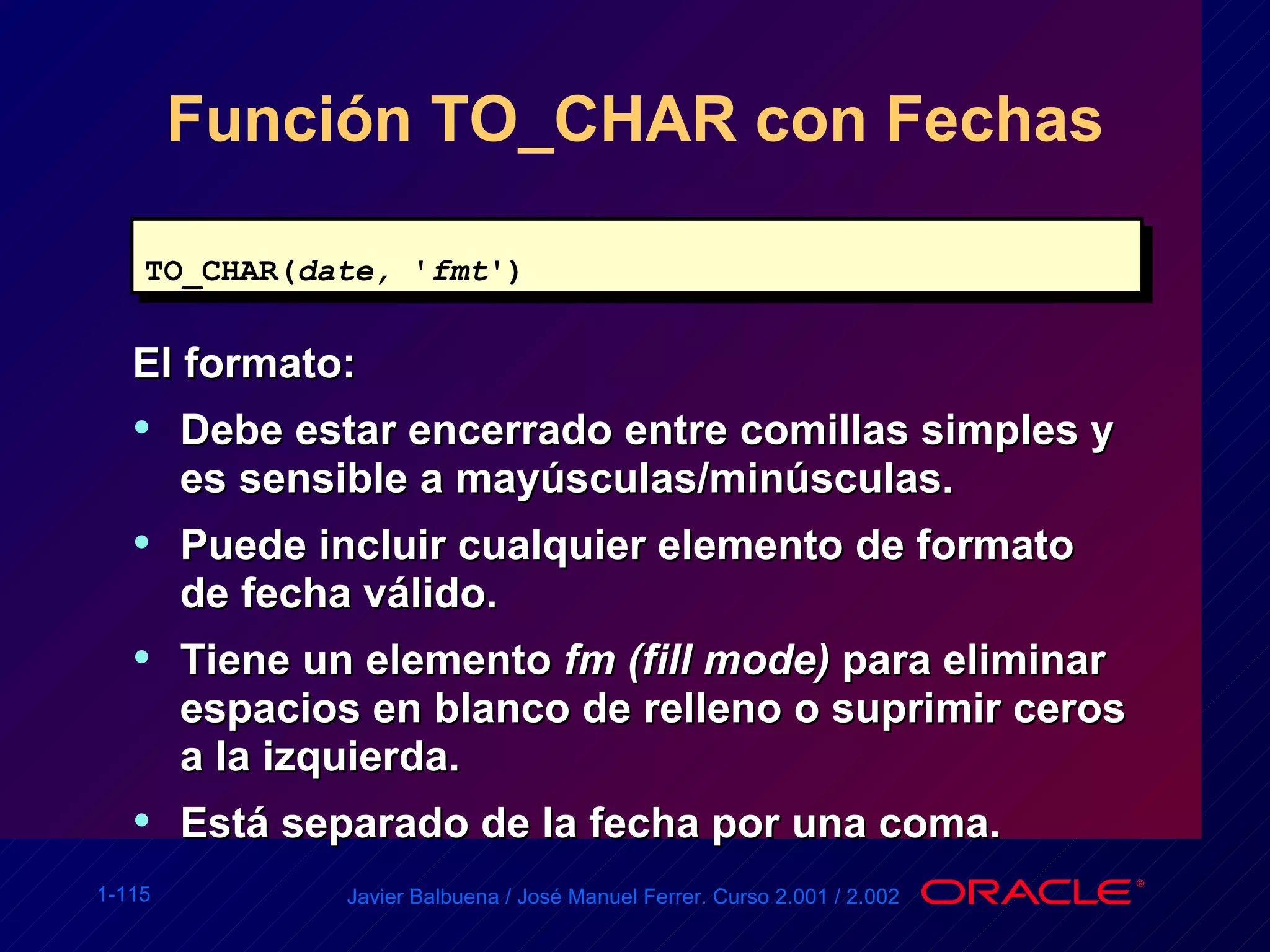 Función TO_CHAR con Fechas El formato: Debe estar encerrado entre comillas simples y es sensible a mayúsculas/minúsculas. Puede incluir cualquier elemento de formato de fecha válido. Tiene un elemento  fm (fill mode)  para eliminar espacios en blanco de relleno o suprimir ceros a la izquierda. Está separado de la fecha por una coma. TO_CHAR( date,  ' fmt ') 