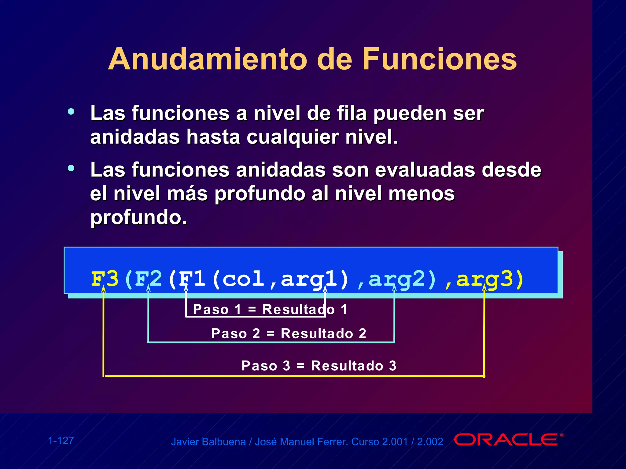 Anudamiento de Funciones Las funciones a nivel de fila pueden ser anidadas hasta cualquier nivel. Las funciones anidadas son evaluadas desde el nivel más profundo al nivel menos profundo. F3 (F2 (F1(col,arg1) ,arg2) ,arg3) Paso 1 = Resultado 1 Paso 2 = Resultado 2 Paso 3 = Resultado 3 