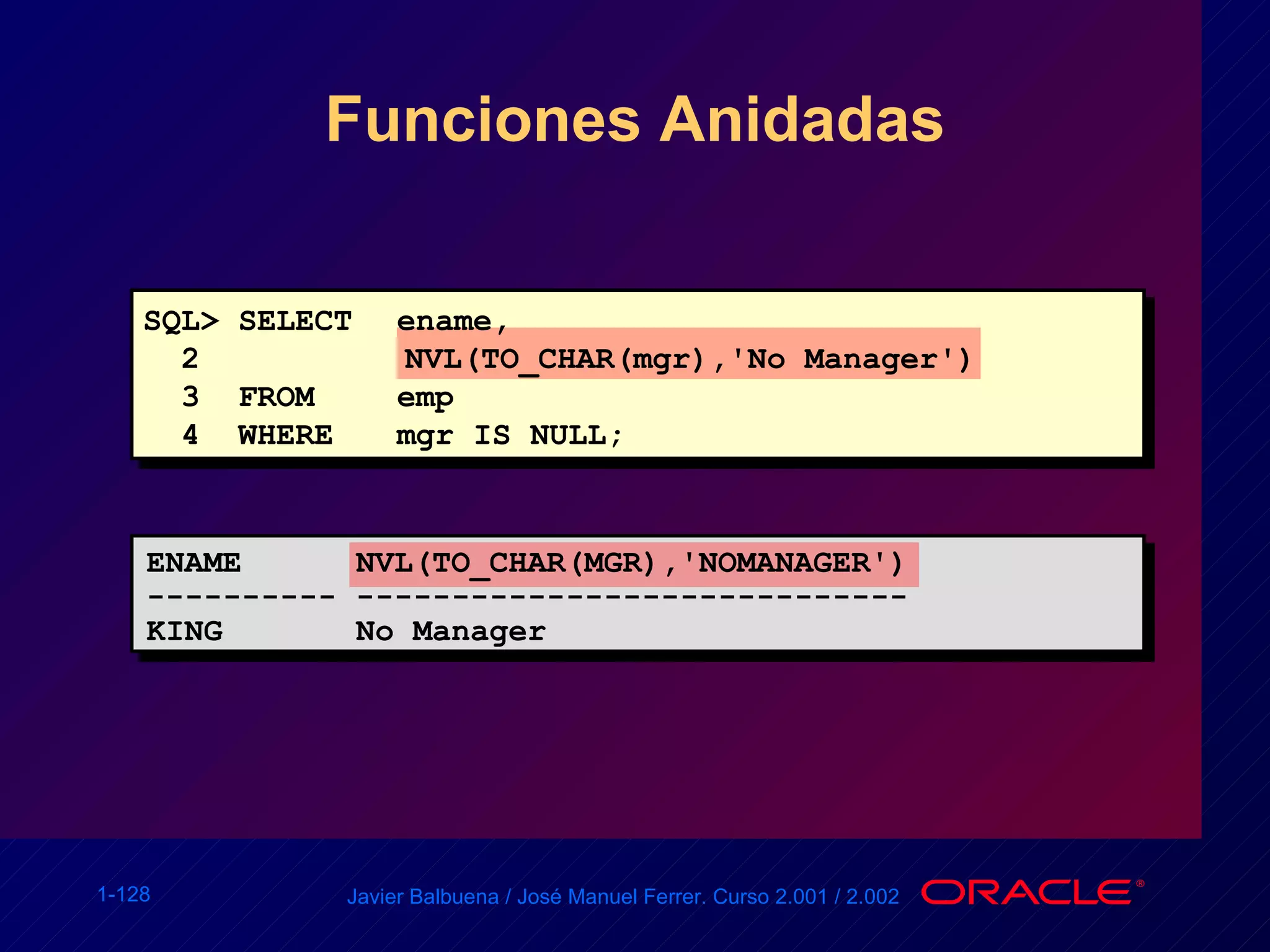 Funciones Anidadas SQL> SELECT ename, 2   NVL(TO_CHAR(mgr),'No Manager') 3  FROM emp 4  WHERE mgr IS NULL; ENAME  NVL(TO_CHAR(MGR),'NOMANAGER') ---------- ----------------------------- KING  No Manager 