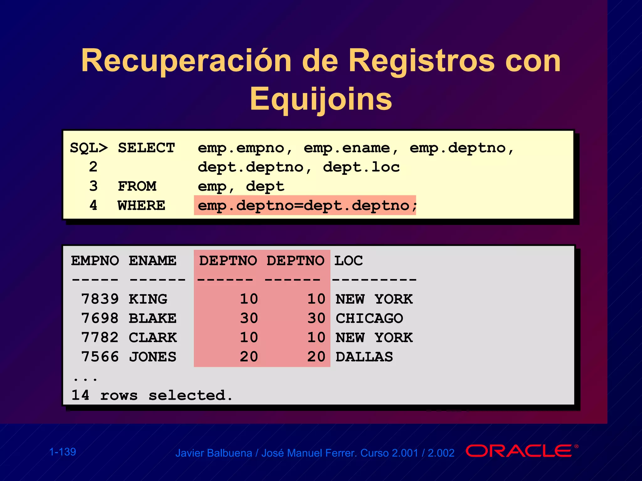 Recuperación de Registros con Equijoins SQL> SELECT  emp.empno, emp.ename, emp.deptno,   2 dept.deptno, dept.loc 3  FROM  emp, dept 4  WHERE  emp.deptno=dept.deptno; EMPNO ENAME  DEPTNO DEPTNO LOC ----- ------ ------ ------ --------- 7839 KING   10  10 NEW YORK 7698 BLAKE    30  30 CHICAGO 7782 CLARK   10  10 NEW YORK 7566 JONES  20  20 DALLAS ... 14 rows selected. 