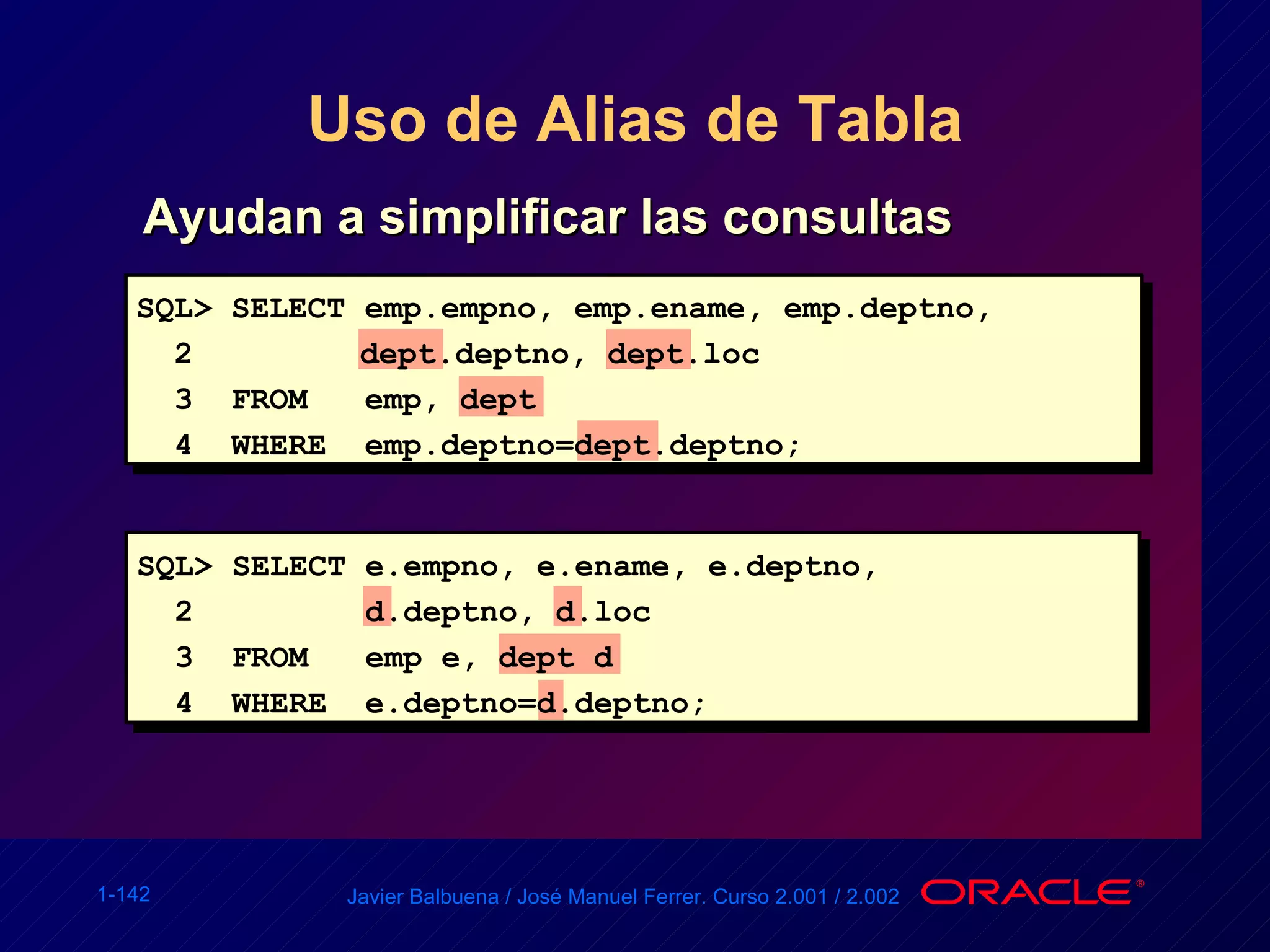 Uso de Alias de Tabla Ayudan a simplificar las consultas SQL> SELECT emp.empno, emp.ename, emp.deptno,  2   dept.deptno, dept.loc 3  FROM  emp, dept 4  WHERE  emp.deptno=dept.deptno; SQL> SELECT e.empno, e.ename, e.deptno,  2  d.deptno, d.loc 3  FROM  emp e, dept d 4  WHERE  e.deptno=d.deptno; 