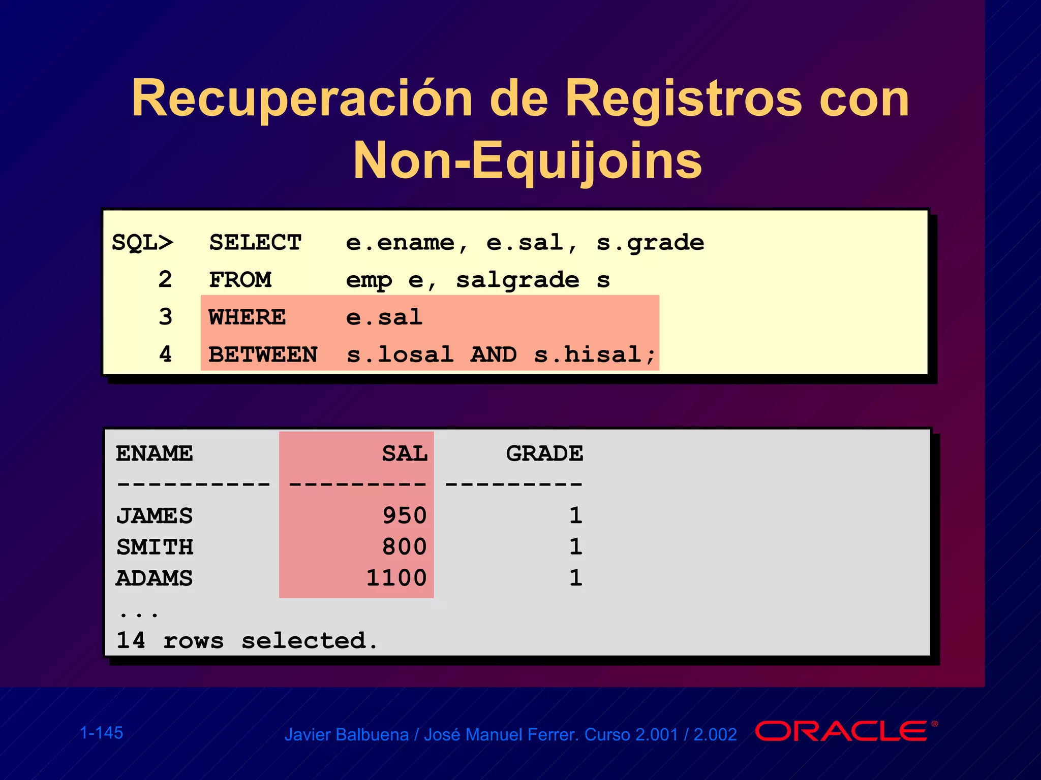 Recuperación de Registros con  Non-Equijoins ENAME  SAL  GRADE ---------- --------- --------- JAMES  950  1 SMITH  800  1 ADAMS  1100  1 ... 14 rows selected. SQL>  SELECT  e.ename, e.sal, s.grade 2 FROM emp e, salgrade s 3 WHERE  e.sal 4 BETWEEN  s.losal AND s.hisal; 