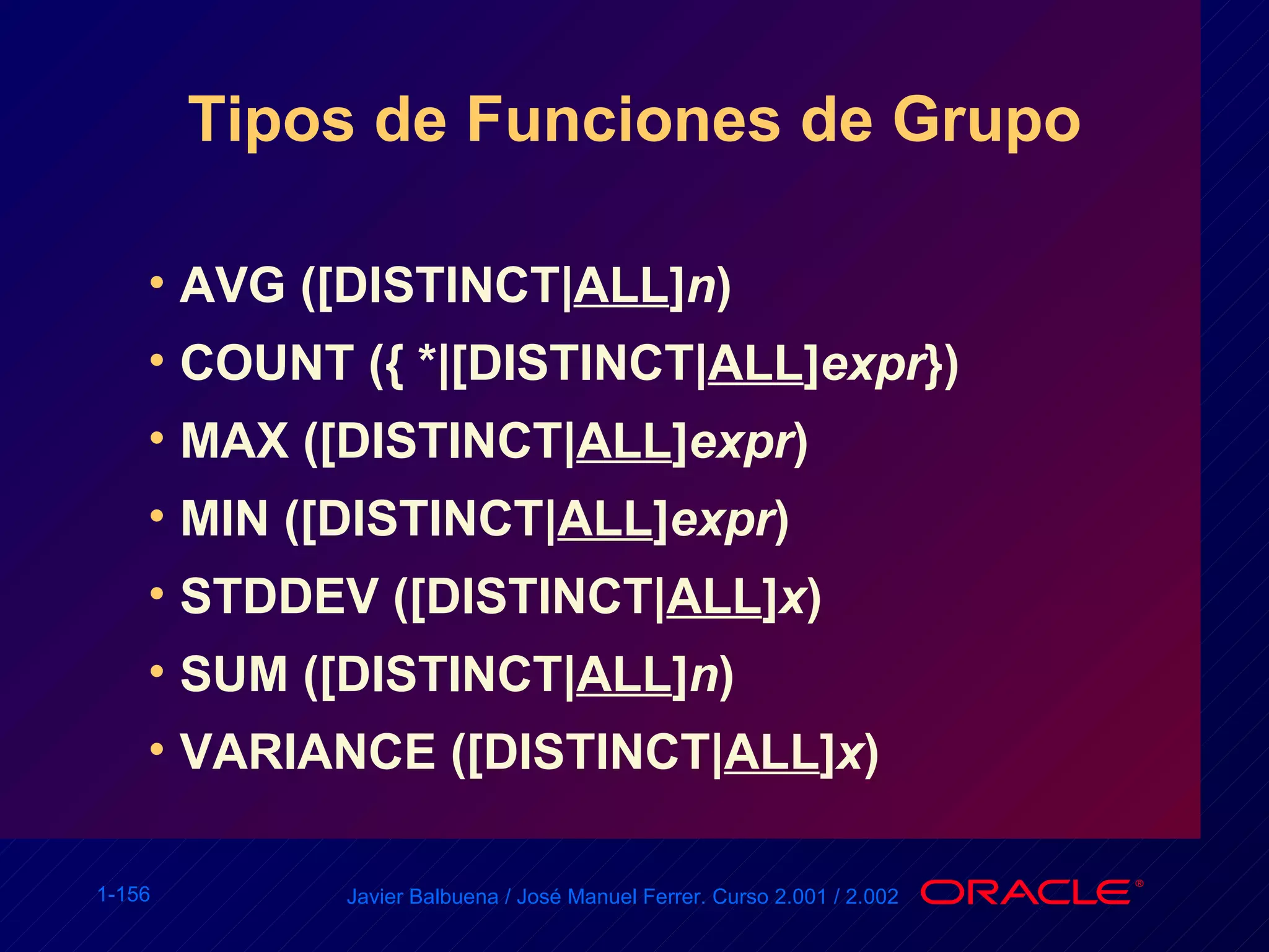 Tipos de Funciones de Grupo AVG ([DISTINCT| ALL ] n ) COUNT ({ *|[DISTINCT| ALL ] expr }) MAX ([DISTINCT| ALL ] expr ) MIN ([DISTINCT| ALL ] expr ) STDDEV ([DISTINCT| ALL ] x ) SUM ([DISTINCT| ALL ] n ) VARIANCE ([DISTINCT| ALL ] x ) 