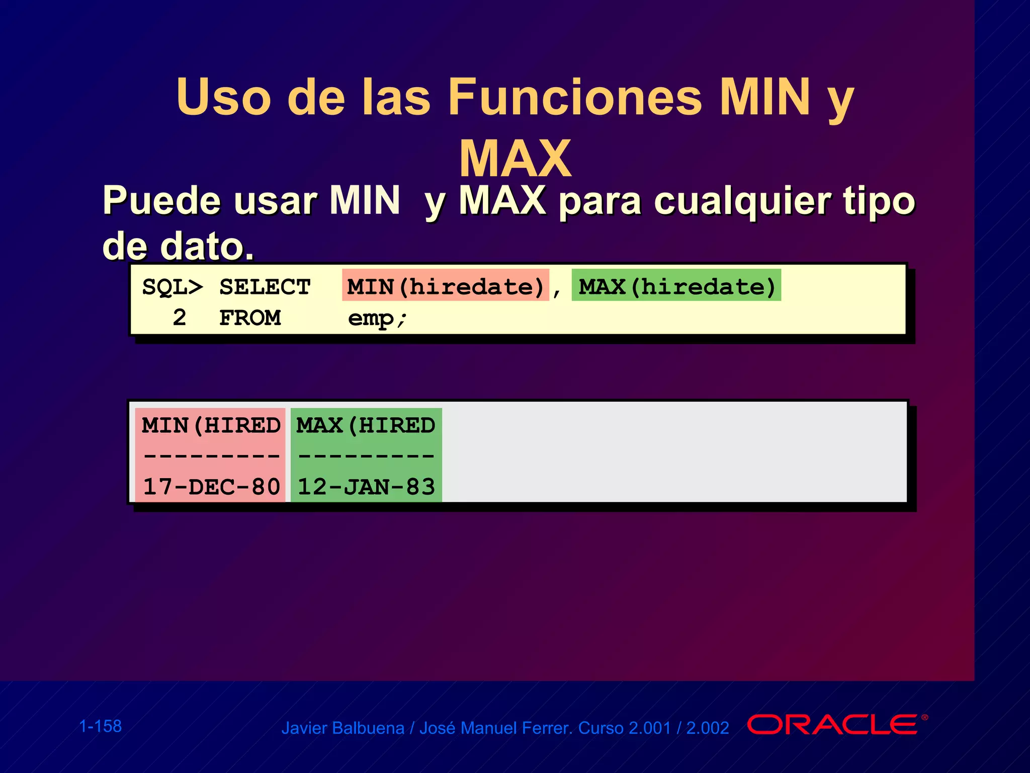 Uso de las Funciones MIN y MAX Puede usar  MIN   y MAX para cualquier tipo de dato. SQL> SELECT MIN(hiredate), MAX(hiredate) 2  FROM emp ; MIN(HIRED MAX(HIRED --------- --------- 17-DEC-80 12-JAN-83 