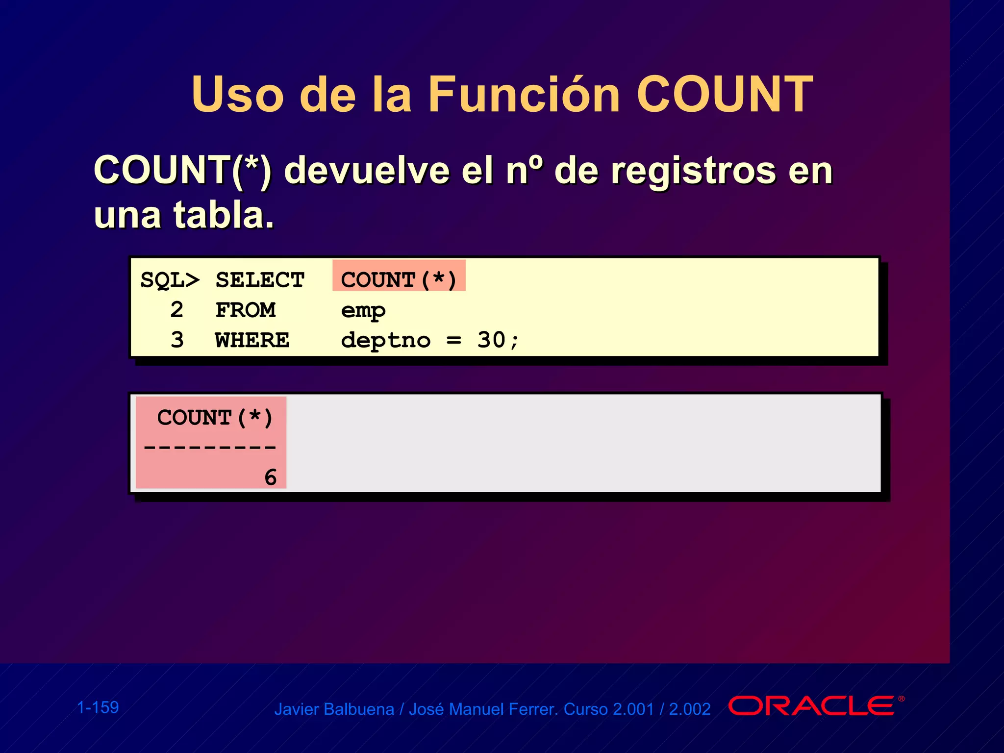 Uso de la Función COUNT COUNT(*) devuelve el nº de registros en una tabla. COUNT(*) --------- 6 SQL> SELECT COUNT(*) 2  FROM emp 3  WHERE deptno = 30; 