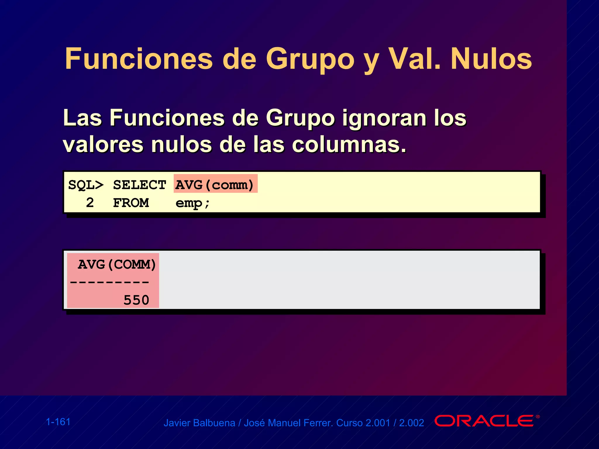 Funciones de Grupo y Val. Nulos Las Funciones de Grupo ignoran los valores nulos de las columnas. SQL> SELECT AVG(comm) 2  FROM  emp; AVG(COMM) --------- 550 