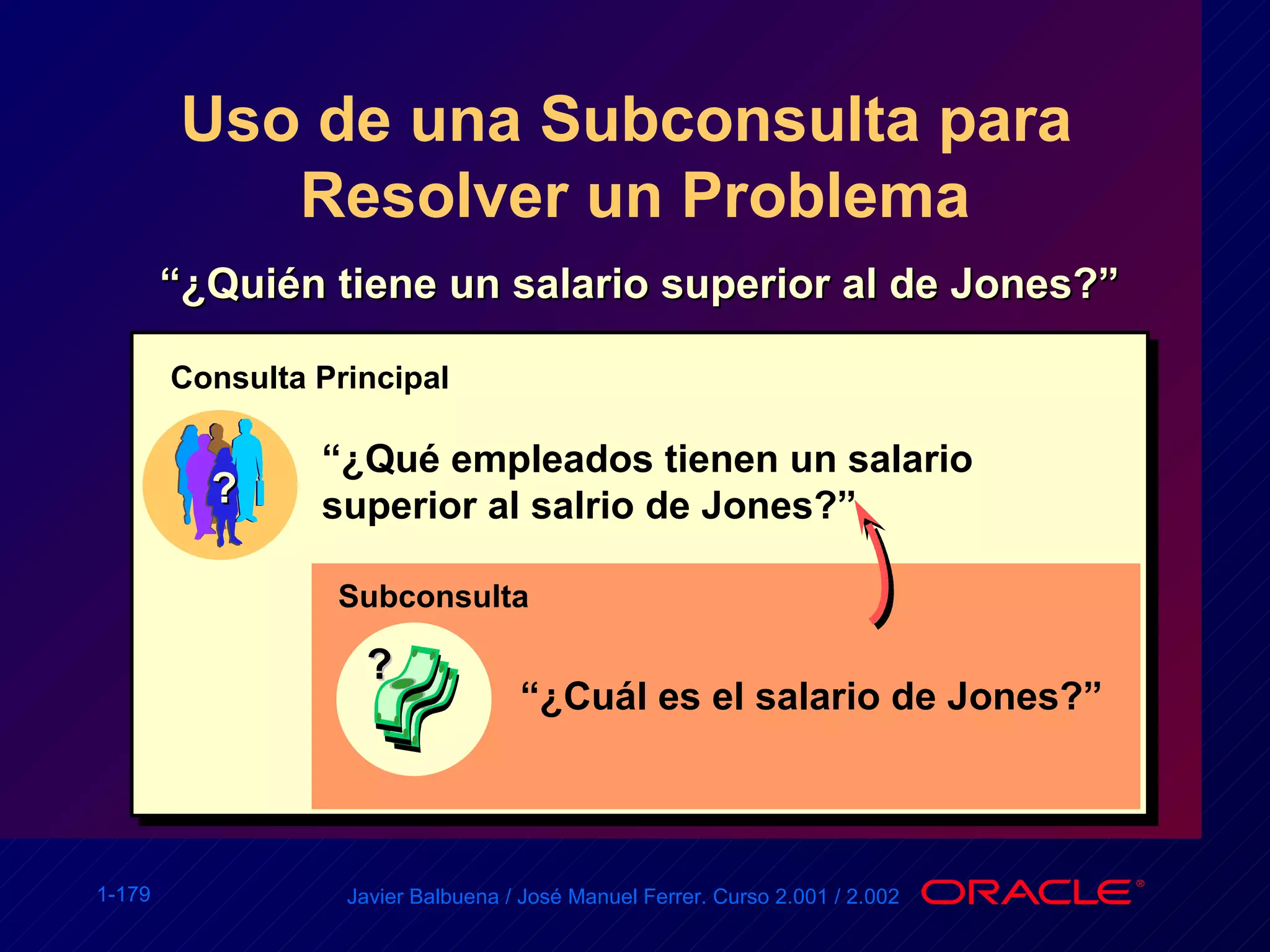 Uso de una Subconsulta para  Resolver un Problema “ ¿Quién tiene un salario superior al de Jones?” “ ¿Qué empleados tienen un salario superior al salrio de Jones?” Consulta Principal ? “ ¿Cuál es el salario de Jones?” ? Subconsulta 