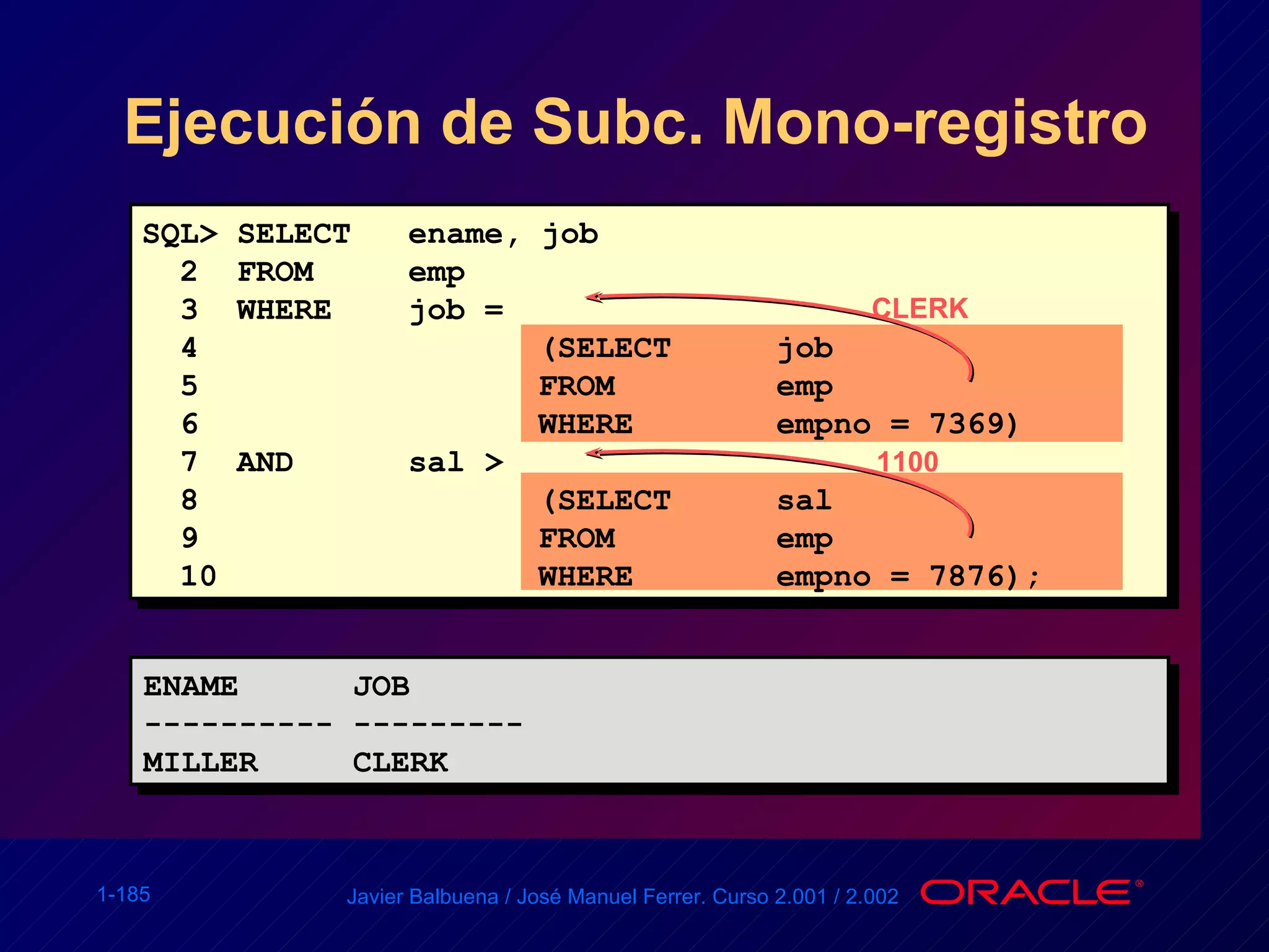 Ejecución de Subc. Mono-registro ENAME  JOB ---------- --------- MILLER  CLERK SQL> SELECT  ename, job   2  FROM  emp 3  WHERE  job =  4 (SELECT  job   5   FROM  emp   6   WHERE  empno = 7369) 7  AND  sal >  8 (SELECT  sal 9 FROM emp 10 WHERE empno = 7876);  CLERK 1100 