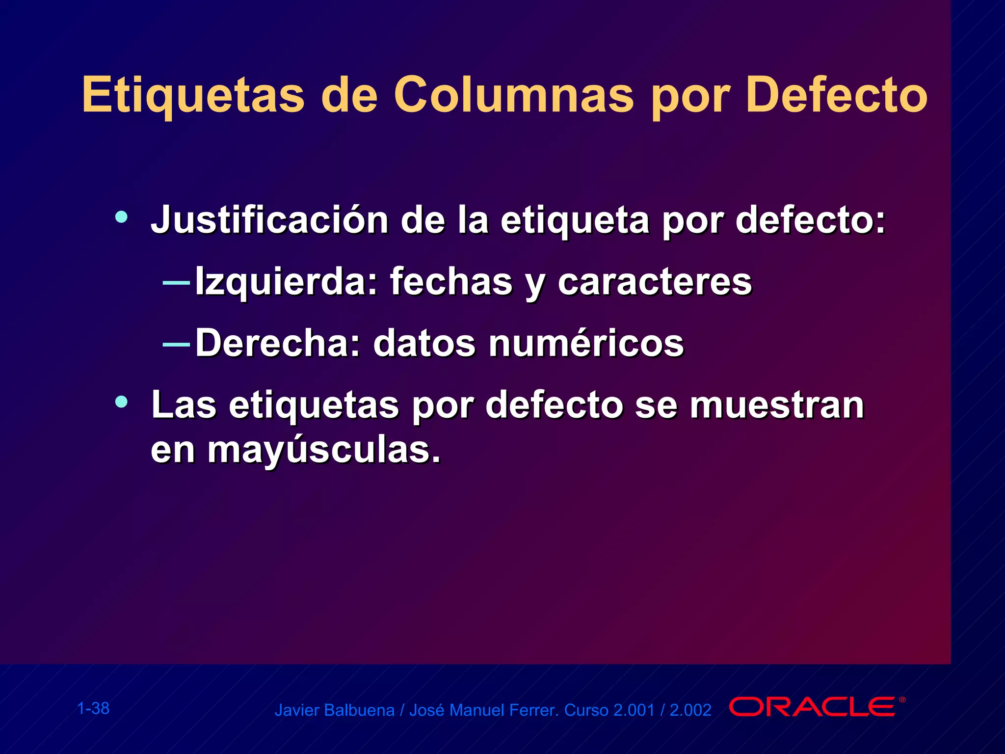 Etiquetas de Columnas por Defecto Justificación de la etiqueta por defecto: Izquierda: fechas y caracteres Derecha: datos numéricos Las etiquetas por defecto se muestran en mayúsculas. 