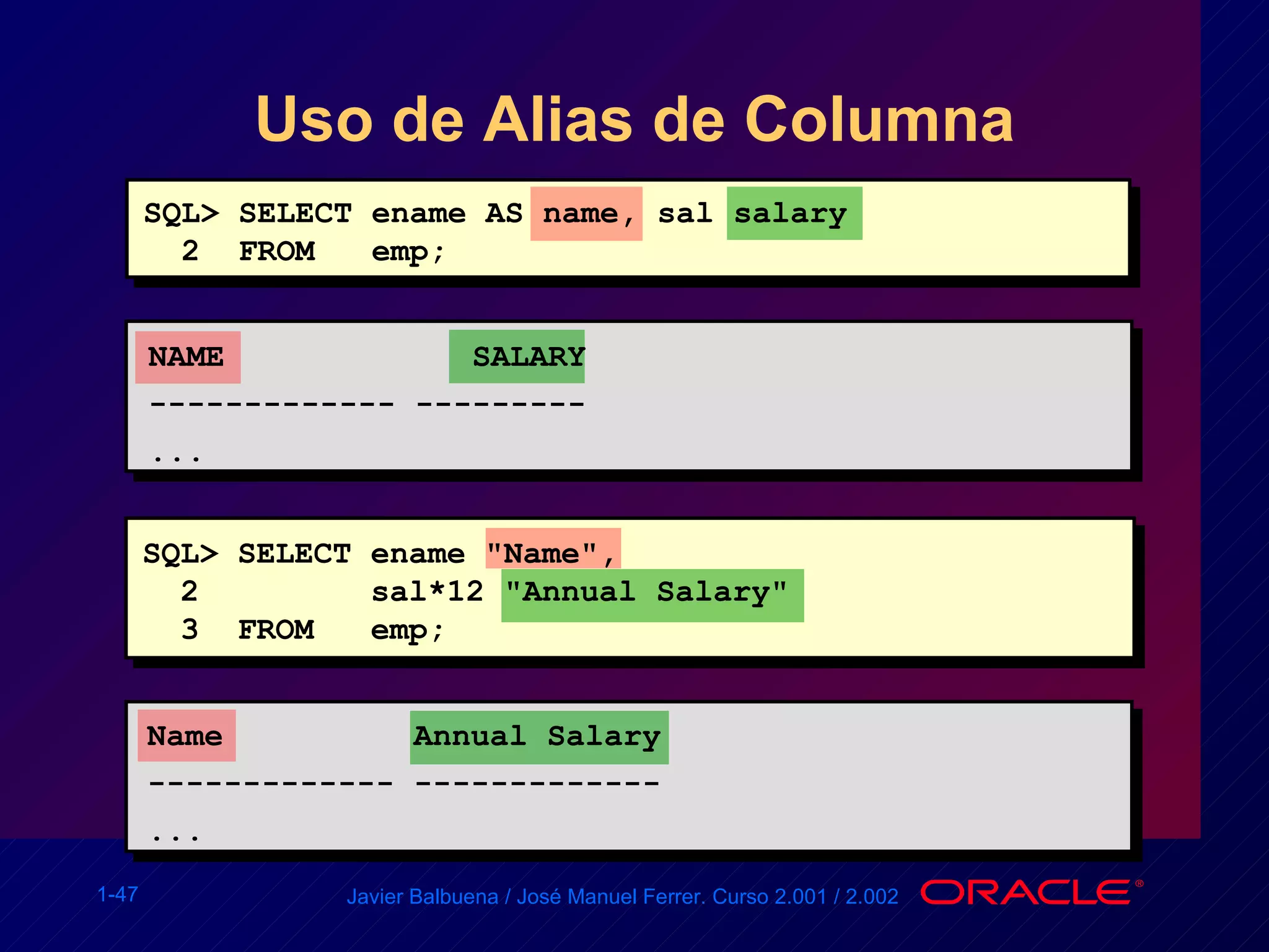 Uso de Alias de Columna SQL> SELECT ename AS name, sal salary 2  FROM  emp; NAME  SALARY ------------- --------- ... SQL> SELECT ename "Name", 2  sal*12 "Annual Salary" 3  FROM  emp; Name  Annual Salary ------------- ------------- ... 