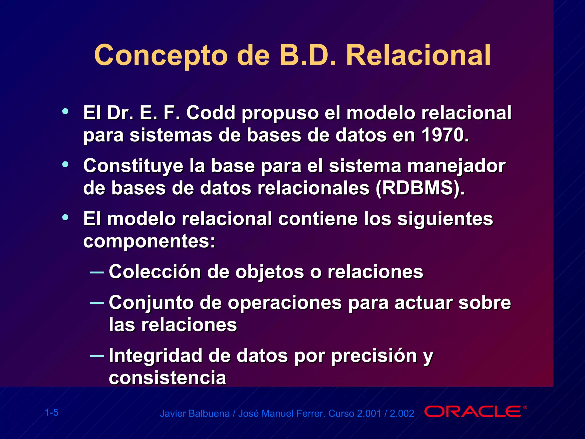 Concepto de B.D. Relacional El Dr. E. F. Codd propuso el modelo relacional para sistemas de bases de datos en 1970. Constituye la base para el sistema manejador de bases de datos relacionales (RDBMS). El modelo relacional contiene los siguientes componentes: Colección de objetos o relaciones Conjunto de operaciones para actuar sobre las relaciones Integridad de datos por precisión y consistencia 