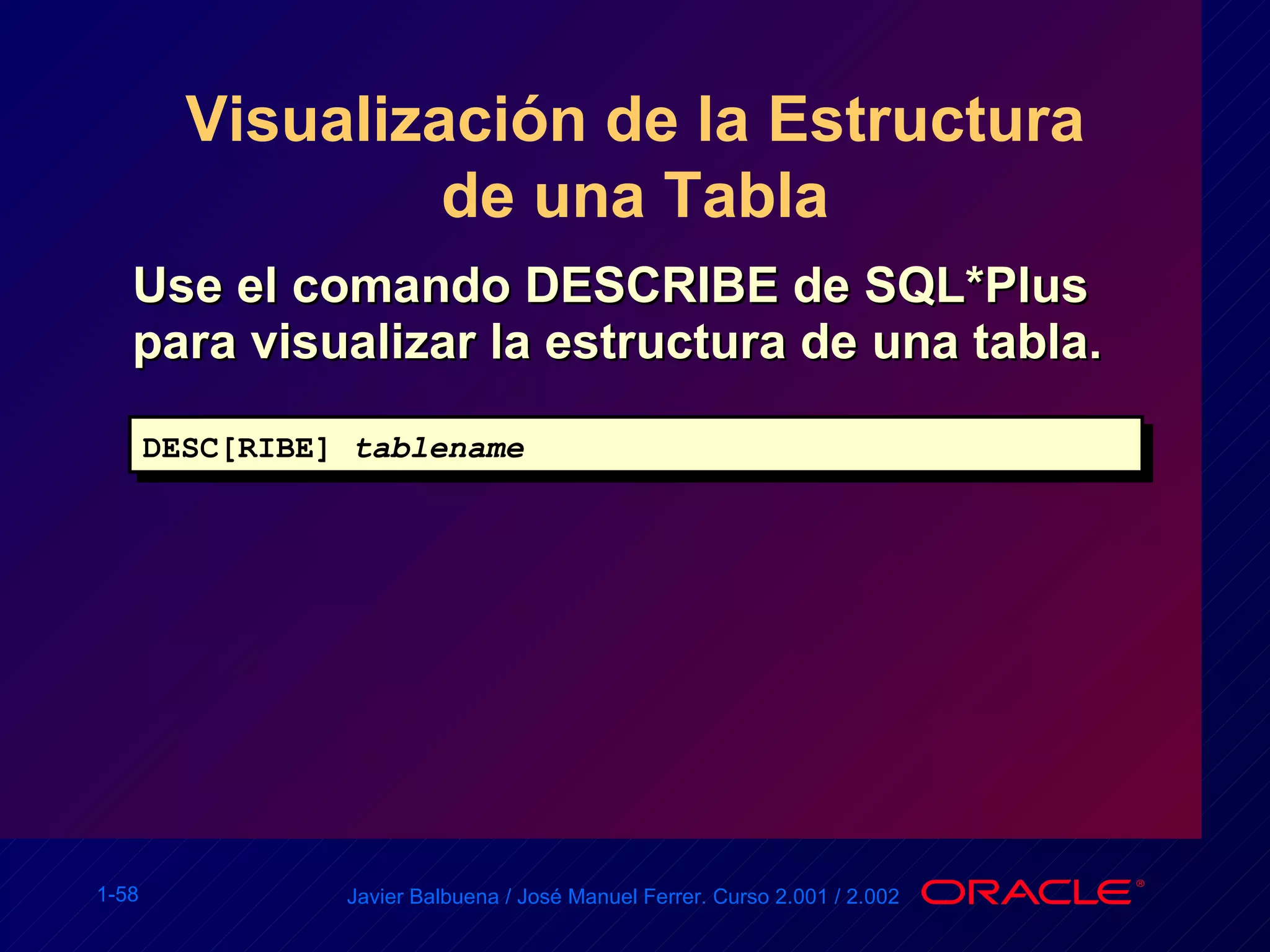 Visualización de la Estructura de una Tabla Use el comando DESCRIBE de SQL*Plus para visualizar la estructura de una tabla. DESC[RIBE]  tablename 