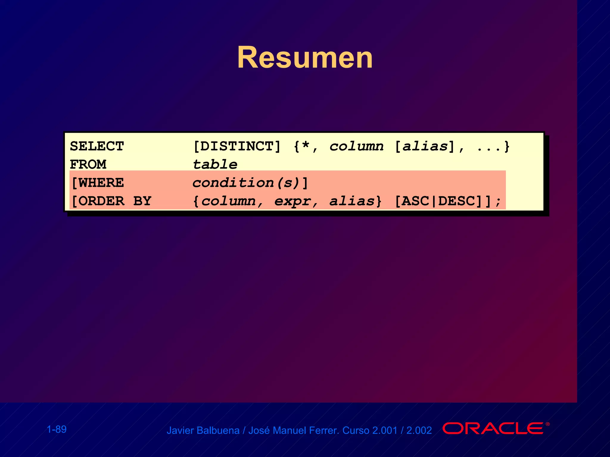 Resumen SELECT [DISTINCT] {*,  column  [ alias ], ...} FROM  table [WHERE condition(s) ] [ORDER BY { column, expr, alias } [ASC|DESC]]; 