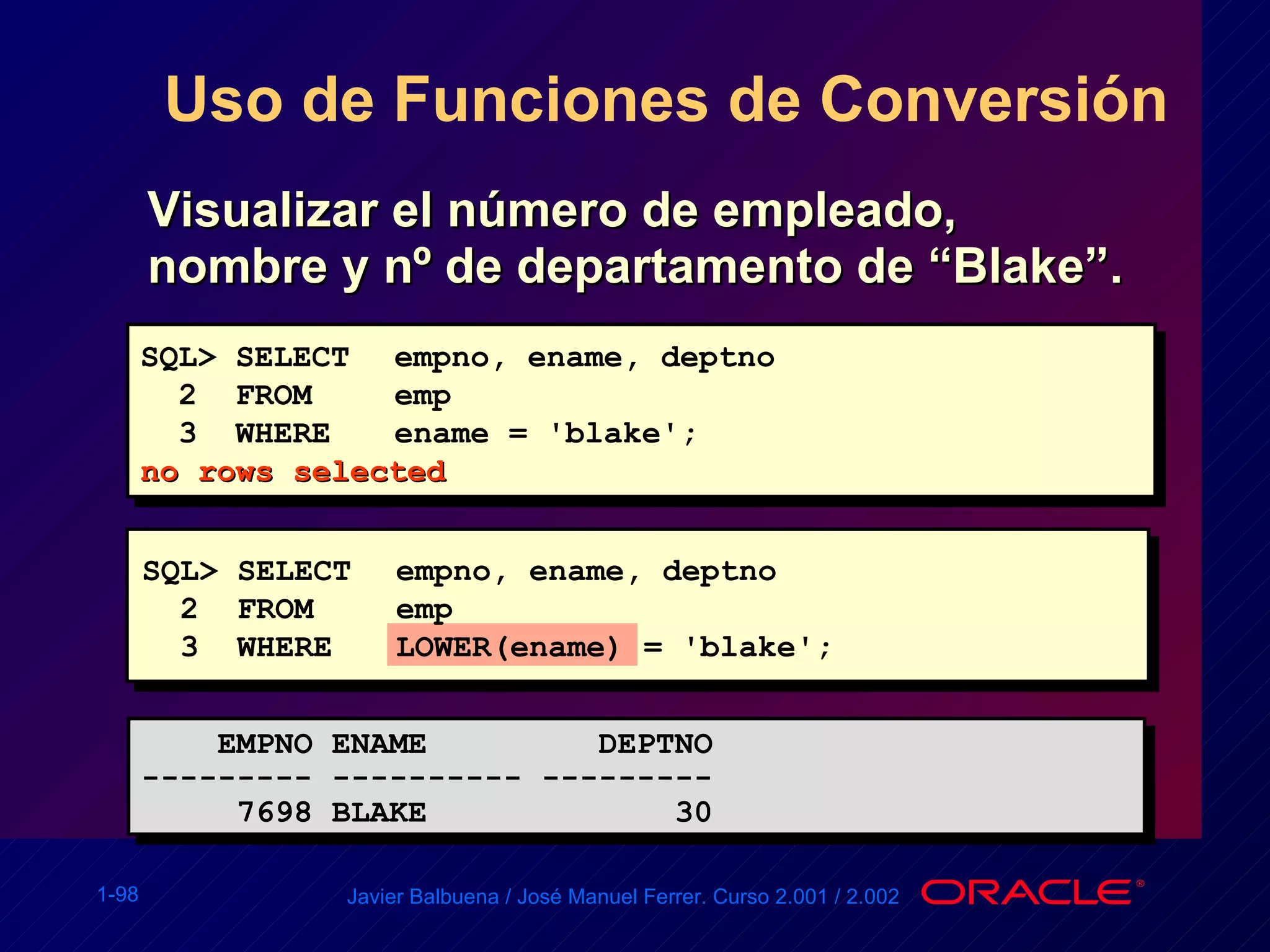 Uso de Funciones de Conversión Visualizar el número de empleado, nombre y nº de departamento de “Blake”. SQL> SELECT empno, ename, deptno  2  FROM emp 3  WHERE ename = 'blake'; no rows selected EMPNO ENAME  DEPTNO --------- ---------- --------- 7698 BLAKE  30 SQL> SELECT empno, ename, deptno 2  FROM emp 3  WHERE  LOWER(ename) = 'blake'; 