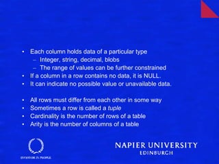 •   Each column holds data of a particular type
      – Integer, string, decimal, blobs
      – The range of values can be further constrained
•   If a column in a row contains no data, it is NULL.
•   It can indicate no possible value or unavailable data.

•   All rows must differ from each other in some way
•   Sometimes a row is called a tuple
•   Cardinality is the number of rows of a table
•   Arity is the number of columns of a table
 