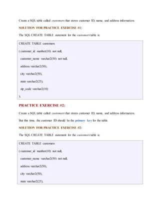 Create a SQL table called customers that stores customer ID, name, and address information. 
SOLUTION FOR PRACTICE EXERCISE #1: 
The SQL CREATE TABLE statement for the customers table is: 
CREATE TABLE customers 
( customer_id number(10) not null, 
customer_name varchar2(50) not null, 
address varchar2(50), 
city varchar2(50), 
state varchar2(25), 
zip_code varchar2(10) 
); 
PRACTICE EXERCISE #2: 
Create a SQL table called customers that stores customer ID, name, and address information. 
But this time, the customer ID should be the primary key for the table. 
SOLUTION FOR PRACTICE EXERCISE #2: 
The SQL CREATE TABLE statement for the customers table is: 
CREATE TABLE customers 
( customer_id number(10) not null, 
customer_name varchar2(50) not null, 
address varchar2(50), 
city varchar2(50), 
state varchar2(25), 
 