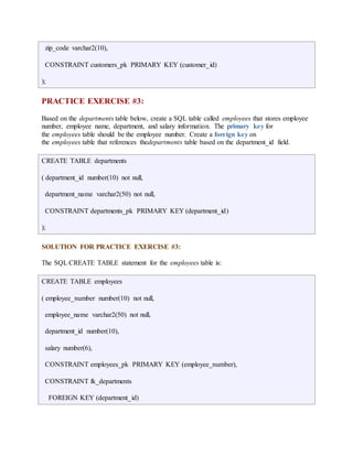 zip_code varchar2(10), 
CONSTRAINT customers_pk PRIMARY KEY (customer_id) 
); 
PRACTICE EXERCISE #3: 
Based on the departments table below, create a SQL table called employees that stores employee 
number, employee name, department, and salary information. The primary key for 
the employees table should be the employee number. Create a foreign key on 
the employees table that references thedepartments table based on the department_id field. 
CREATE TABLE departments 
( department_id number(10) not null, 
department_name varchar2(50) not null, 
CONSTRAINT departments_pk PRIMARY KEY (department_id) 
); 
SOLUTION FOR PRACTICE EXERCISE #3: 
The SQL CREATE TABLE statement for the employees table is: 
CREATE TABLE employees 
( employee_number number(10) not null, 
employee_name varchar2(50) not null, 
department_id number(10), 
salary number(6), 
CONSTRAINT employees_pk PRIMARY KEY (employee_number), 
CONSTRAINT fk_departments 
FOREIGN KEY (department_id) 
 
