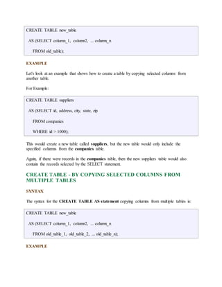 CREATE TABLE new_table 
AS (SELECT column_1, column2, ... column_n 
FROM old_table); 
EXAMPLE 
Let's look at an example that shows how to create a table by copying selected columns from 
another table. 
For Example: 
CREATE TABLE suppliers 
AS (SELECT id, address, city, state, zip 
FROM companies 
WHERE id > 1000); 
This would create a new table called suppliers, but the new table would only include the 
specified columns from the companies table. 
Again, if there were records in the companies table, then the new suppliers table would also 
contain the records selected by the SELECT statement. 
CREATE TABLE - BY COPYING SELECTED COLUMNS FROM 
MULTIPLE TABLES 
SYNTAX 
The syntax for the CREATE TABLE AS statement copying columns from multiple tables is: 
CREATE TABLE new_table 
AS (SELECT column_1, column2, ... column_n 
FROM old_table_1, old_table_2, ... old_table_n); 
EXAMPLE 
 